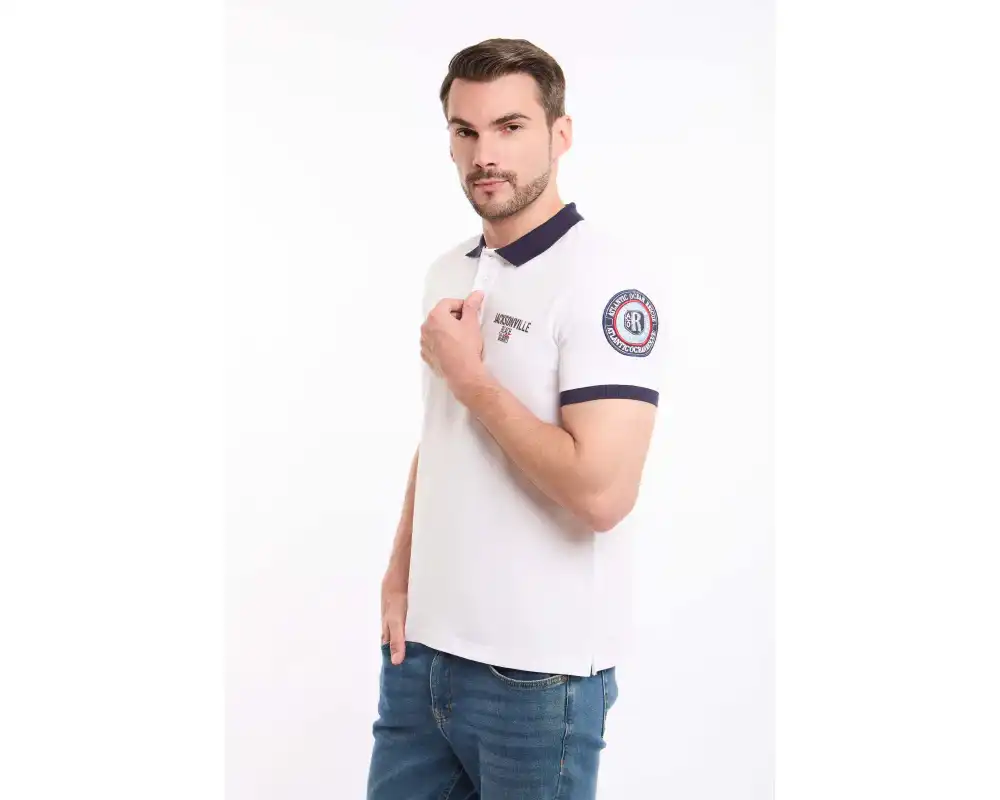 Buttoned Neck Polo Shirt with Patched Sleeve - Image 3