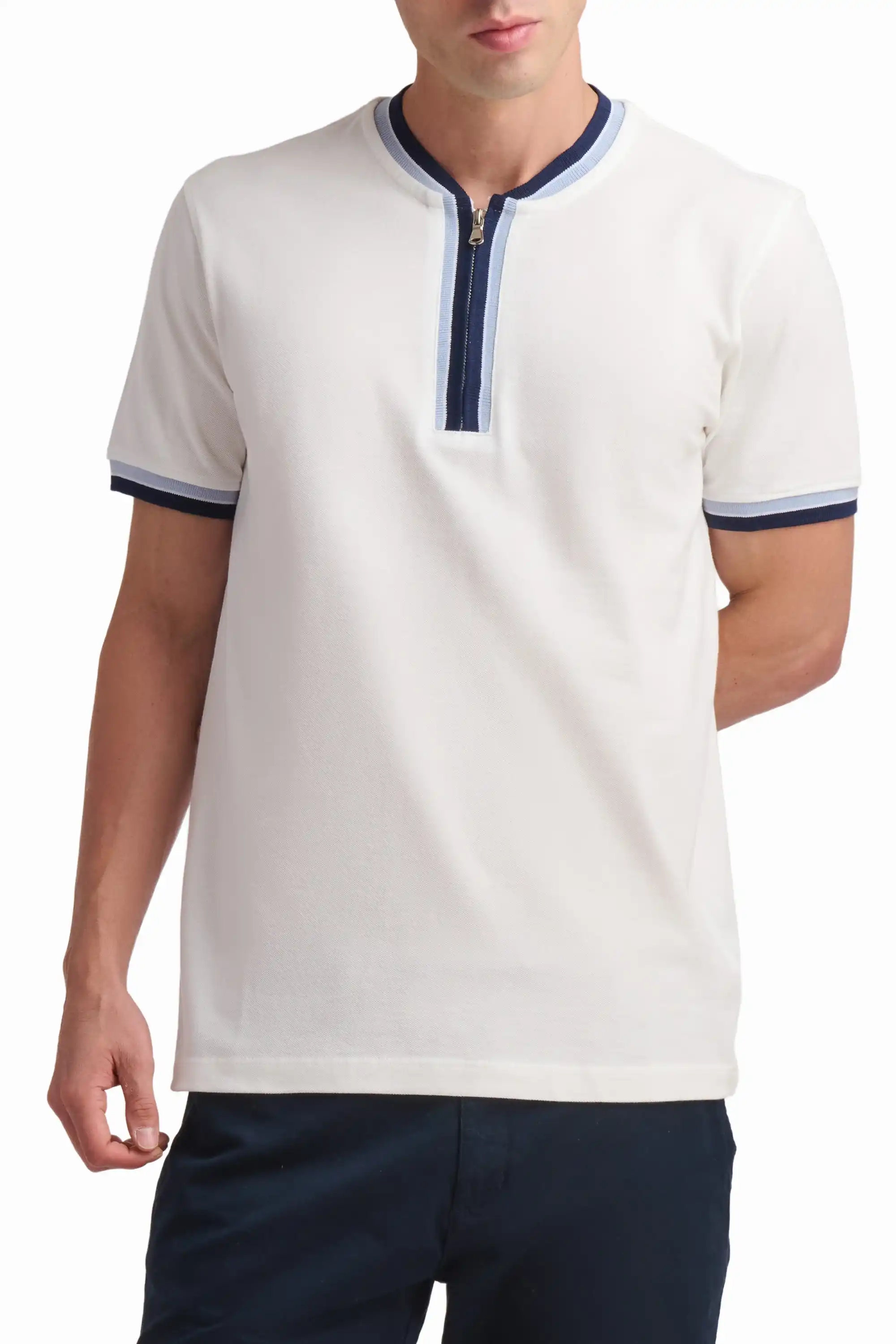 White Contrast Trim Cotton T-Shirt - Image 2