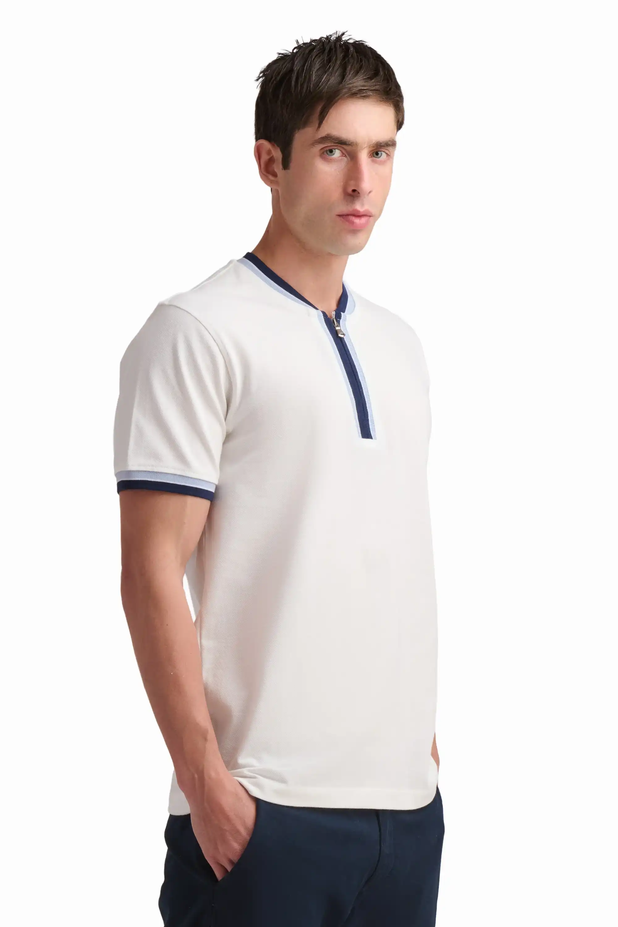 White Contrast Trim Cotton T-Shirt - Image 3