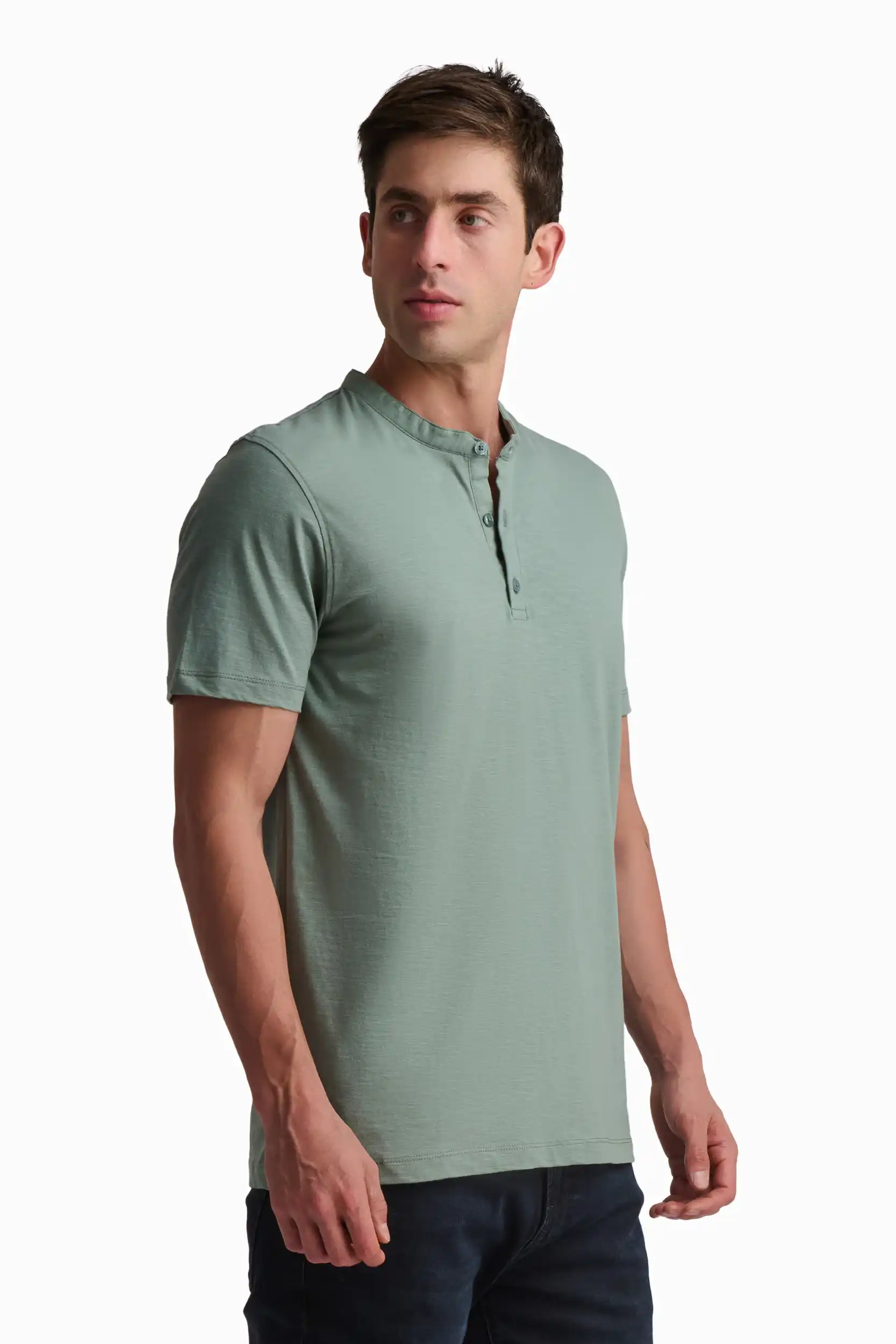 Green Cotton Henley T-Shirt - Image 3