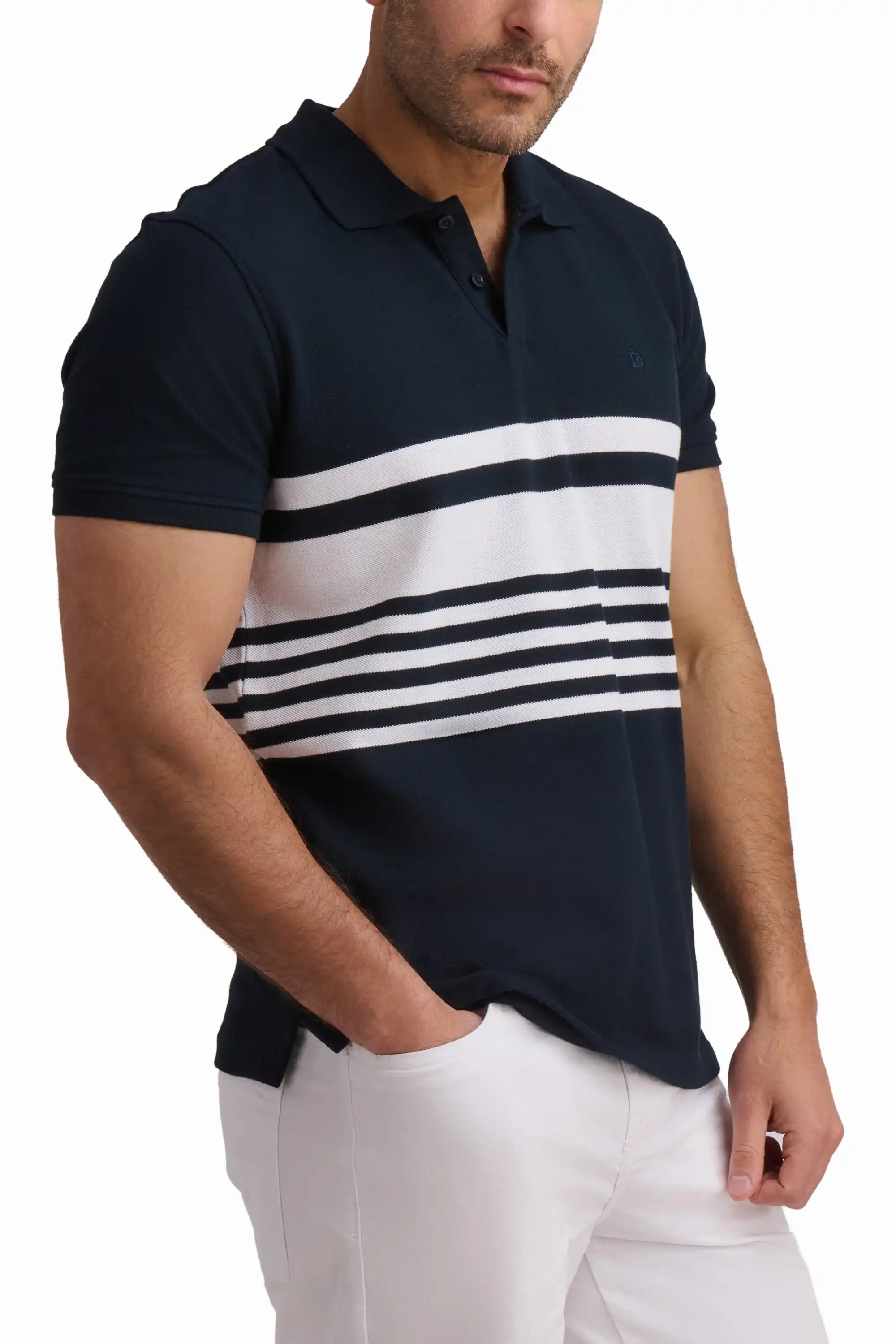 Navy Stripe Cotton Polo Shirt - Image 2