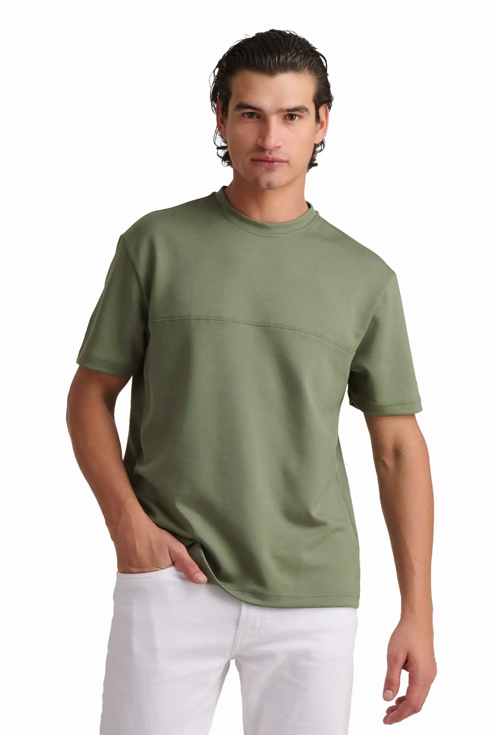 Olive Minimal Cotton T-Shirt - Image 3