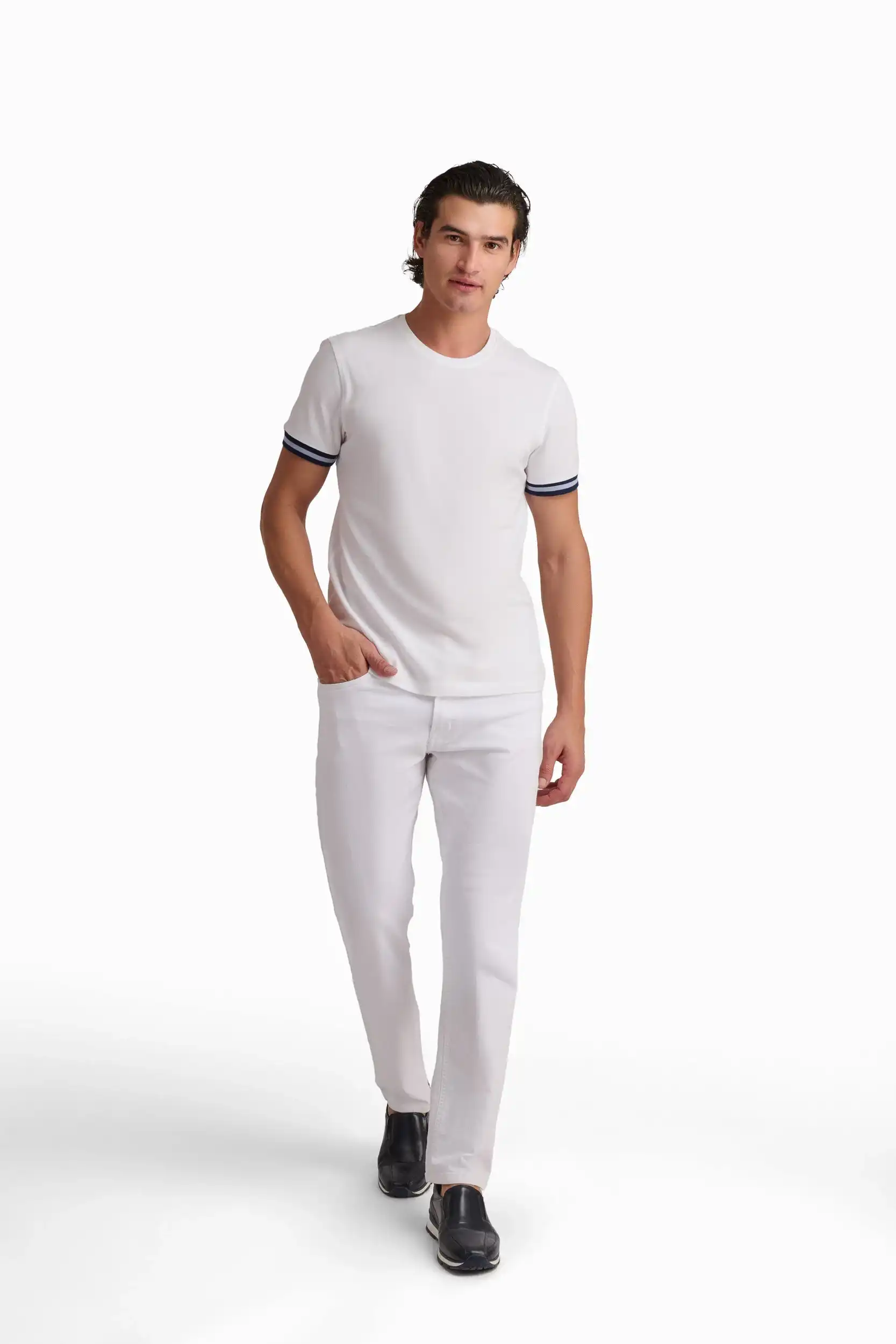 White Contrast Trim Cotton T-Shirt