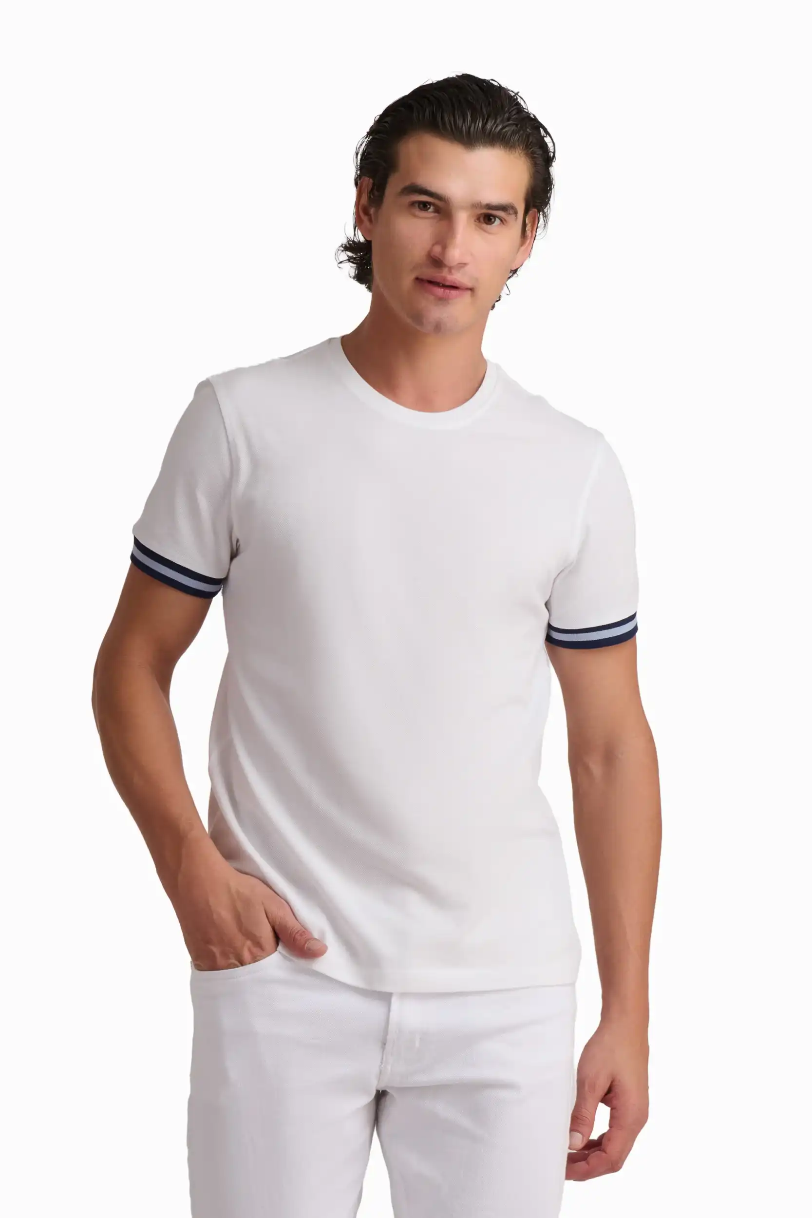White Contrast Trim Cotton T-Shirt - Image 2