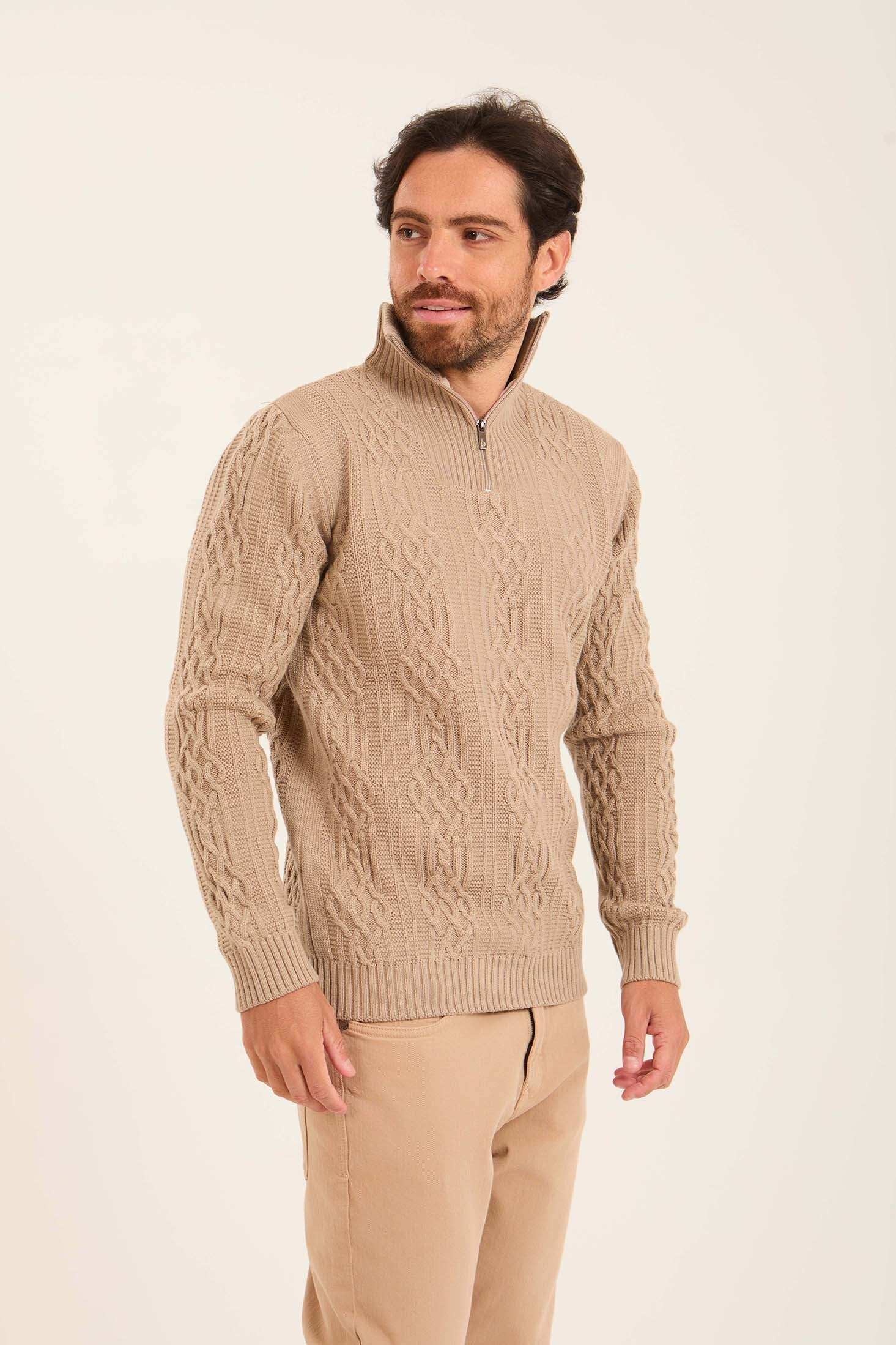 Men Quarter Zip Turtle Neck Pullover Beige - Image 3