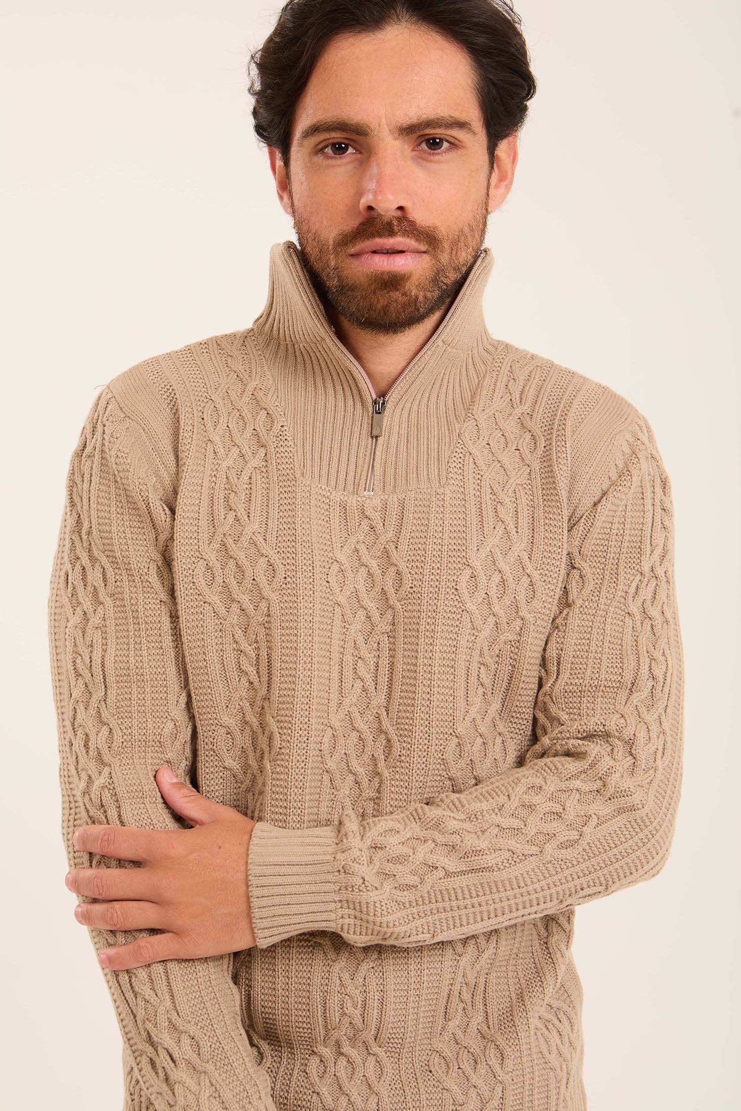Men Quarter Zip Turtle Neck Pullover Beige - Image 4