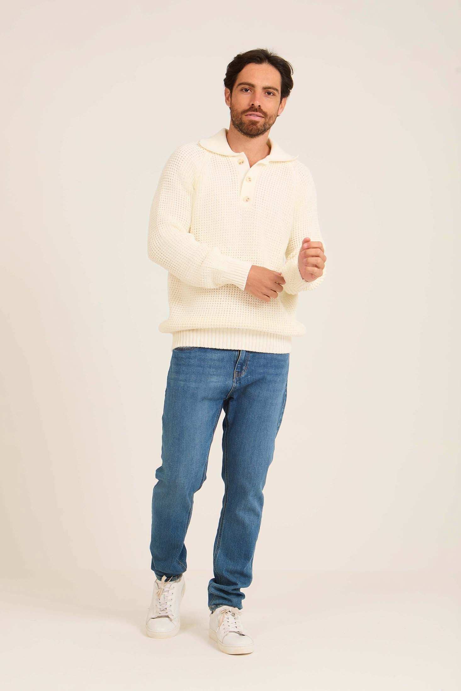 Men Mock Neck Pullover with Buttons Off White - Image 4