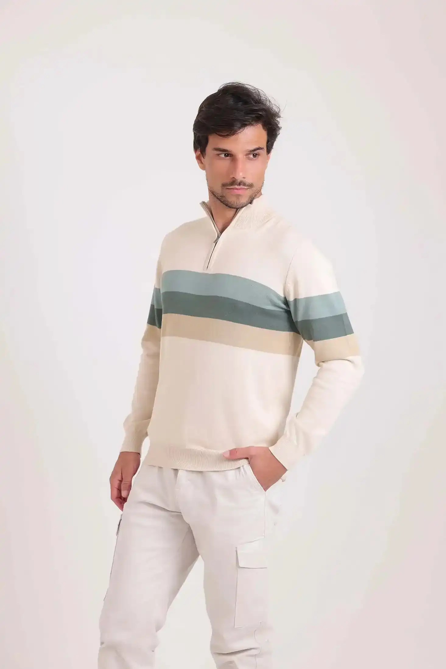 Zipped Neck Sweater with 3 Stripes - Image 2