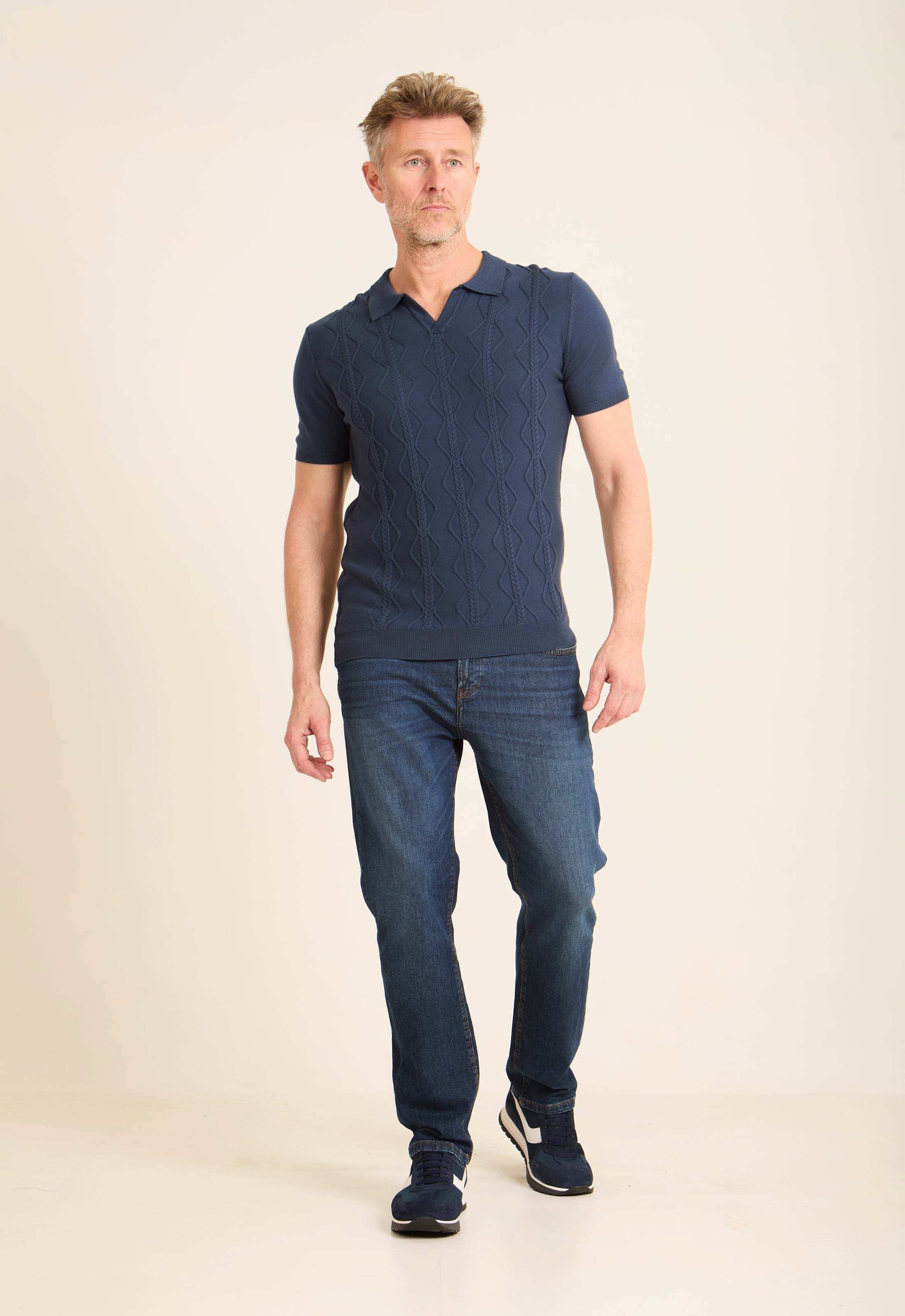 Braided Knit Open V-Neck Polo Shirt - Image 3