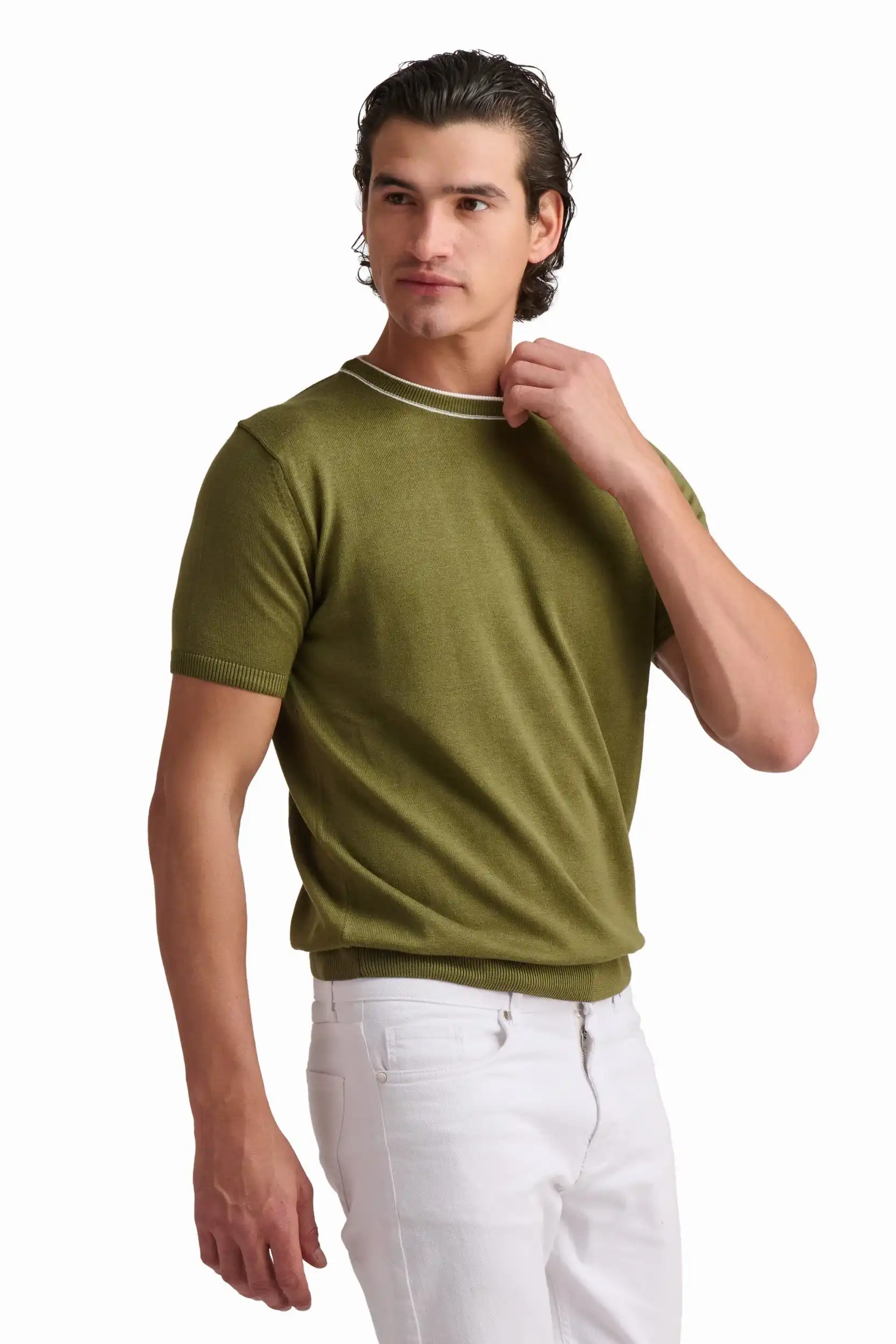 Olive Green Cotton-Modal T-Shirt - Image 3