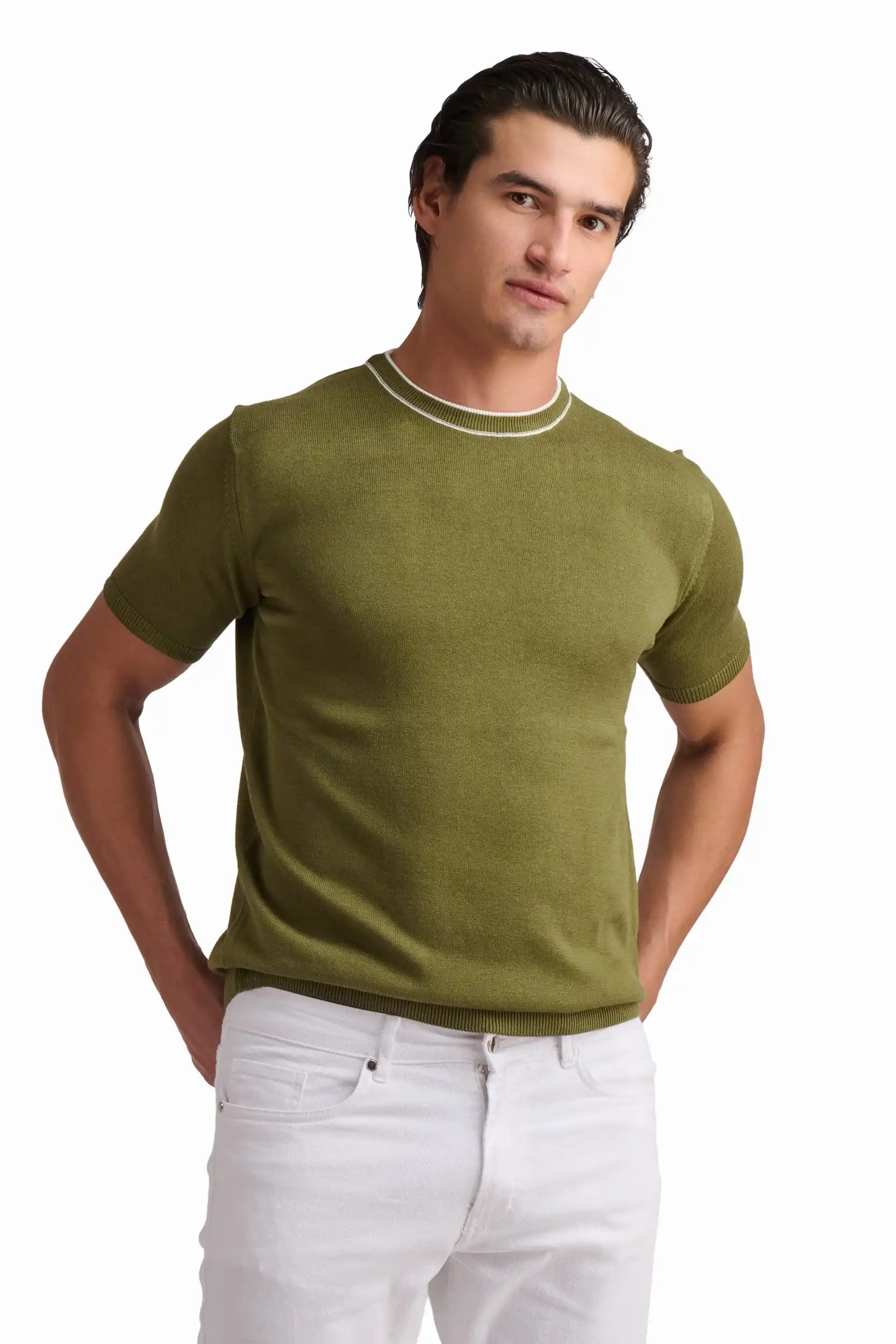 Olive Green Cotton-Modal T-Shirt - Image 6