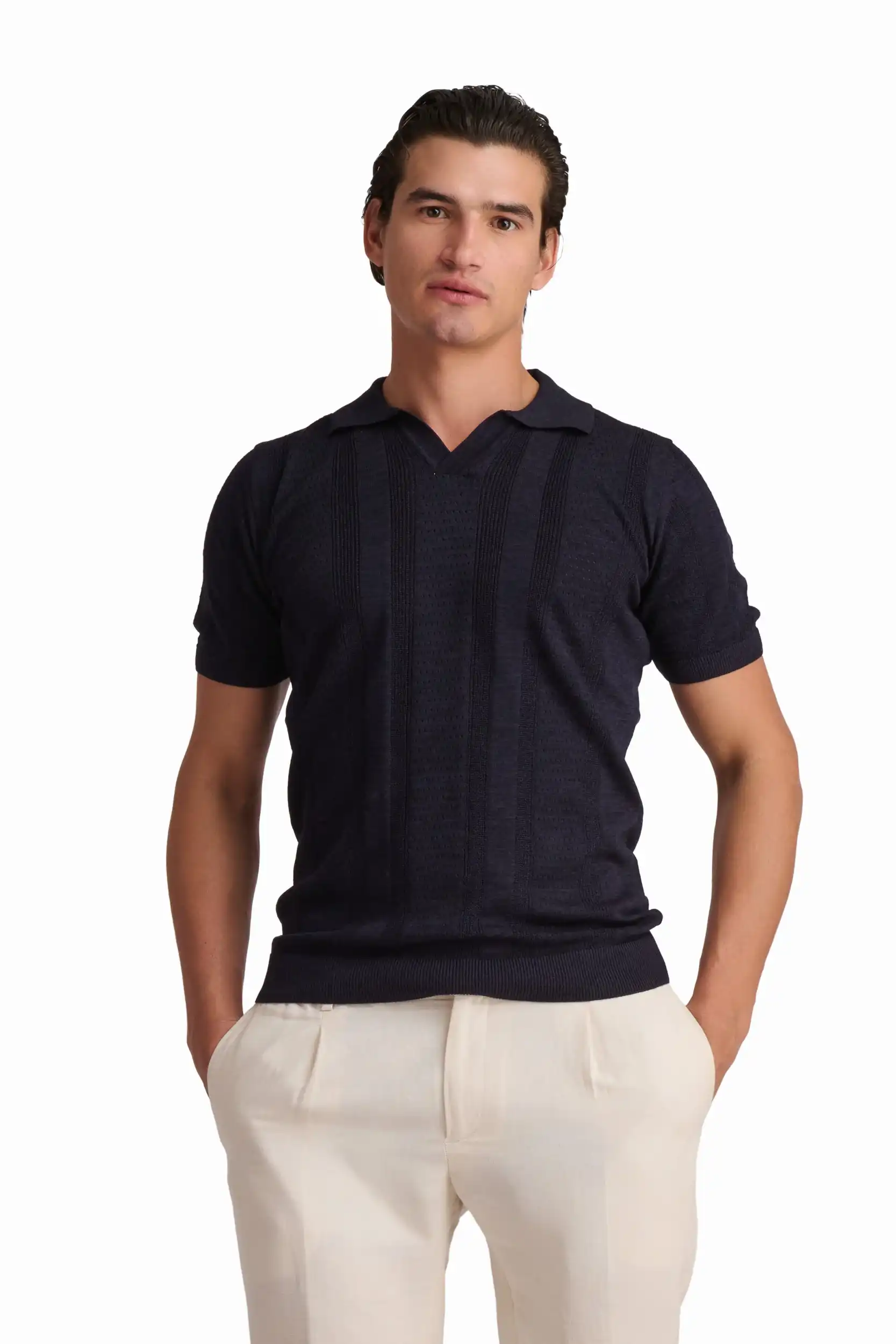 Navy Textured Polo Shirt - Image 2