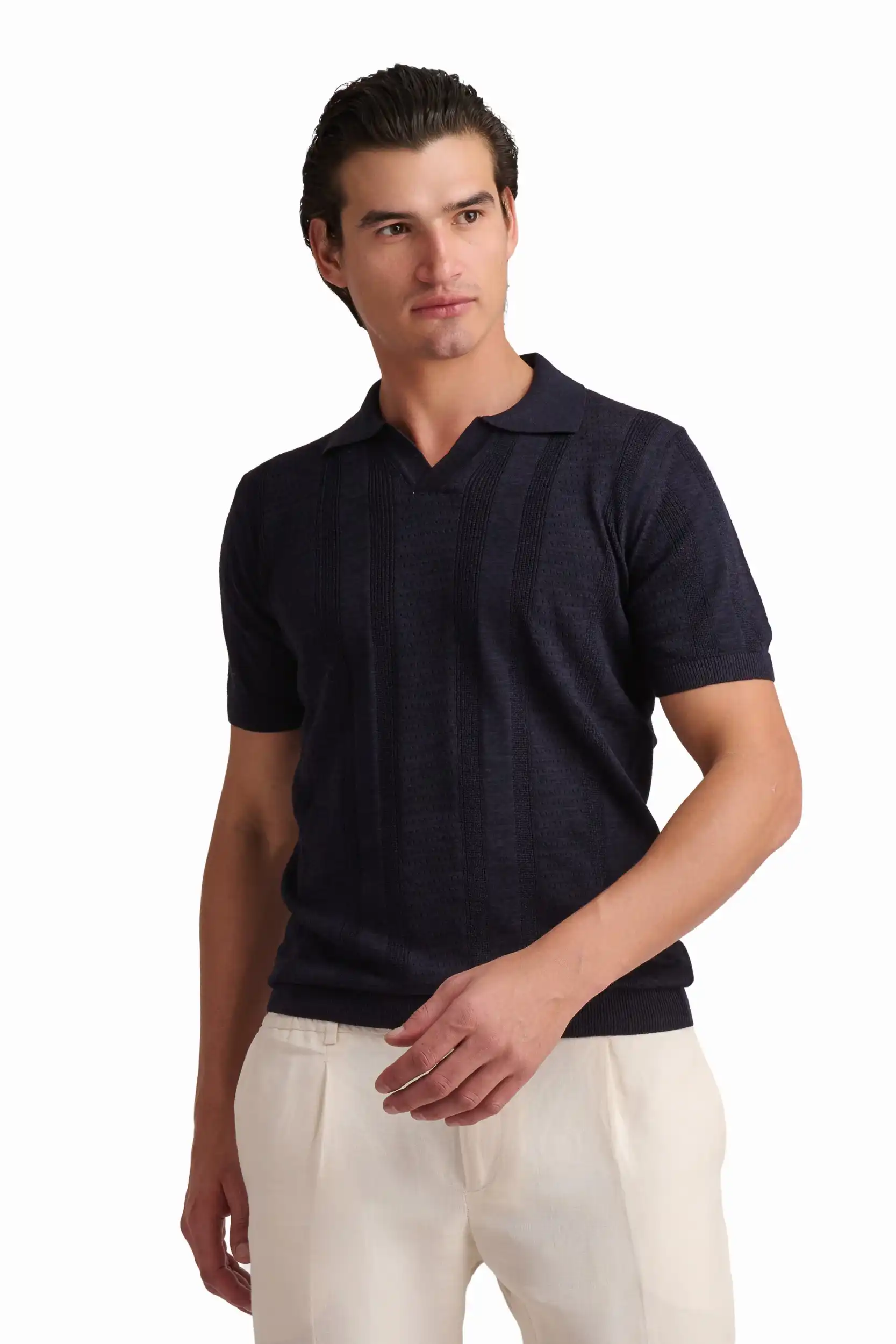 Navy Textured Polo Shirt - Image 3
