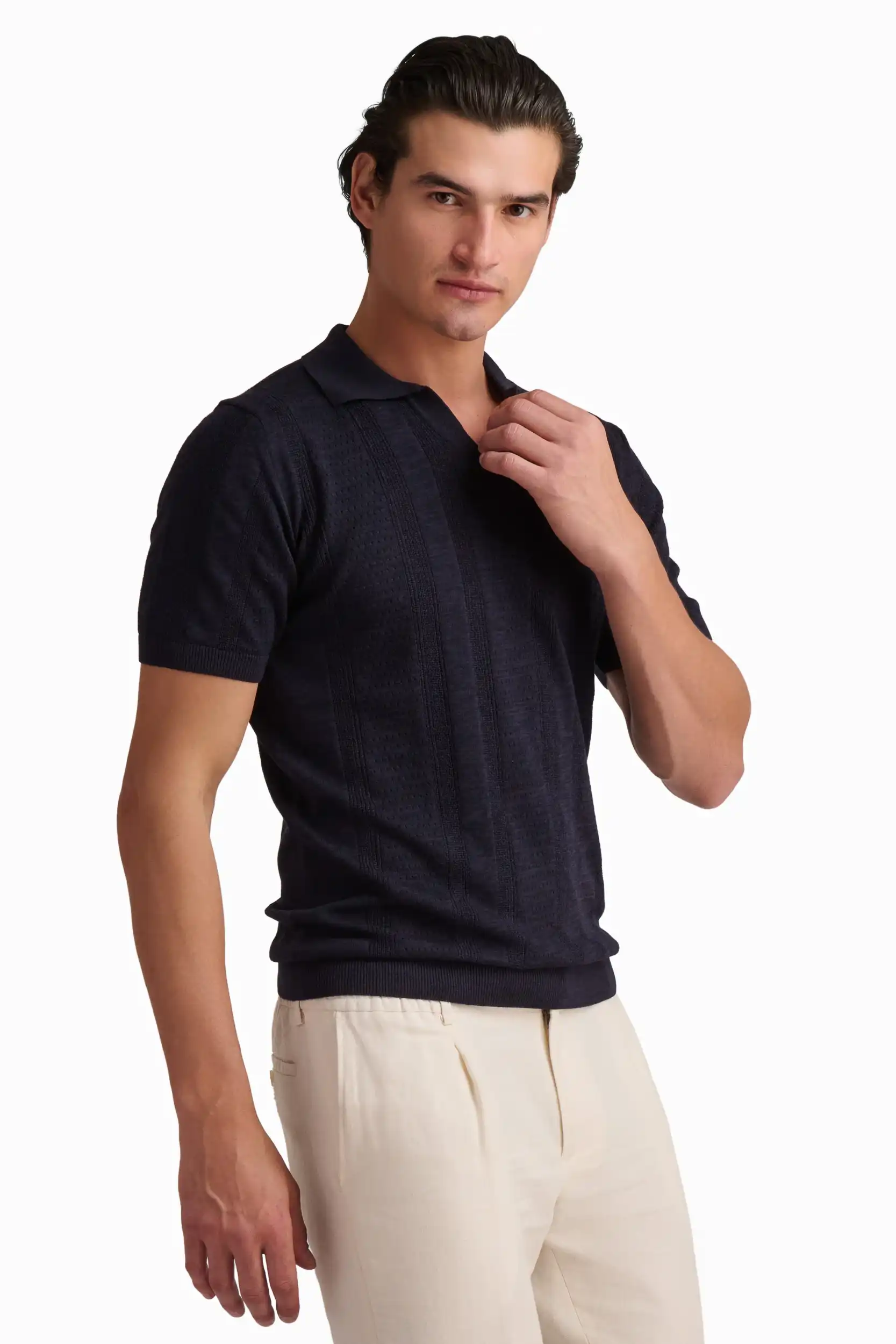 Navy Textured Polo Shirt - Image 4