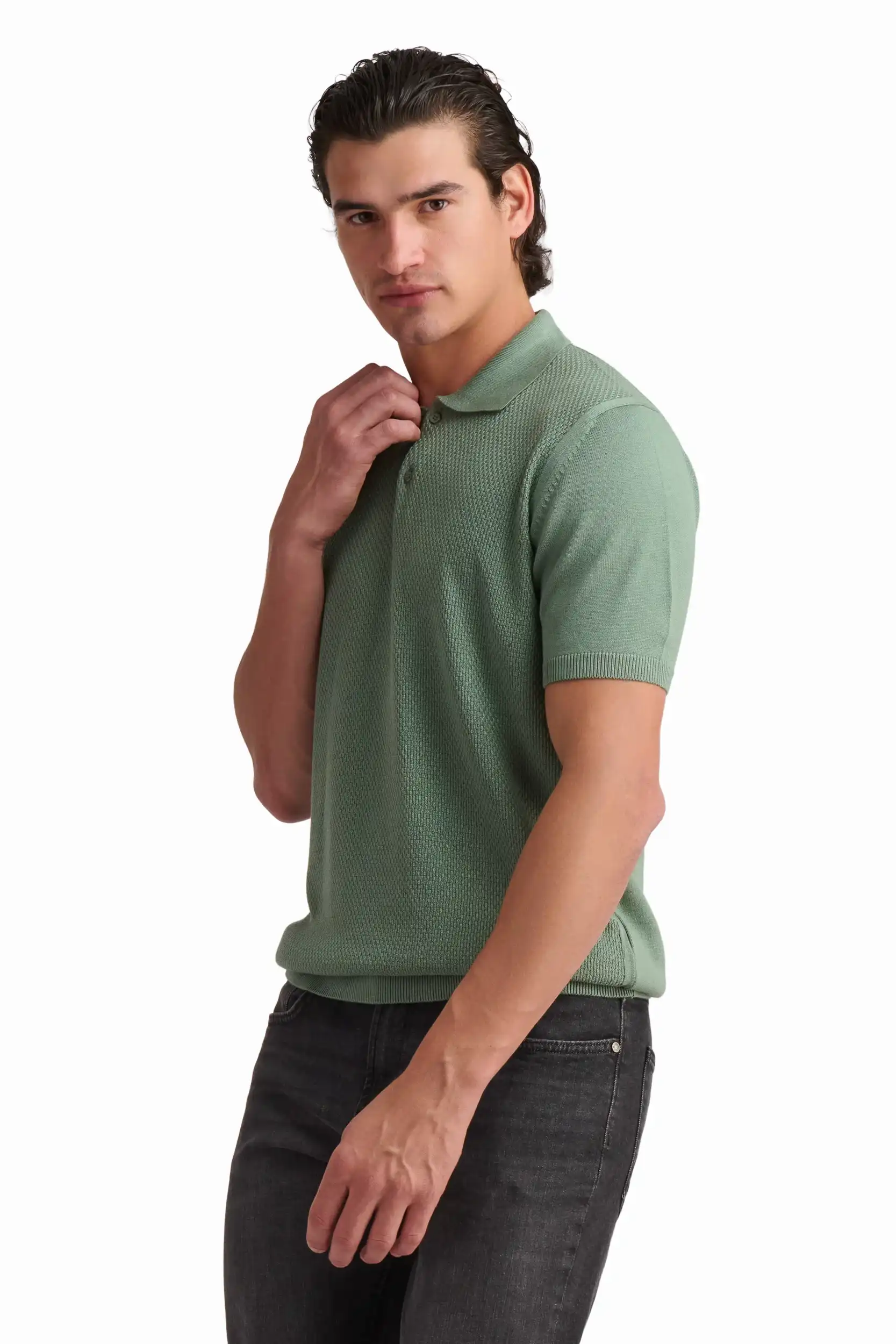 Olive Green Cotton-Modal Polo Shirt - Image 3