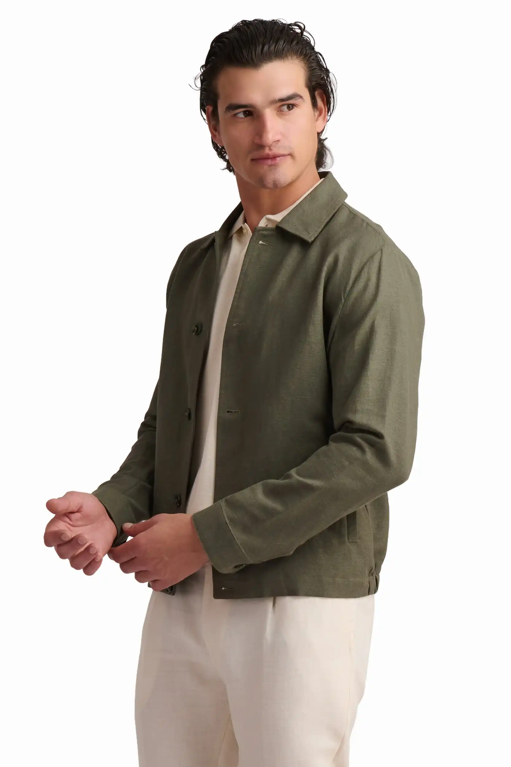 Olive Linen-Blend Overshirt - Image 4