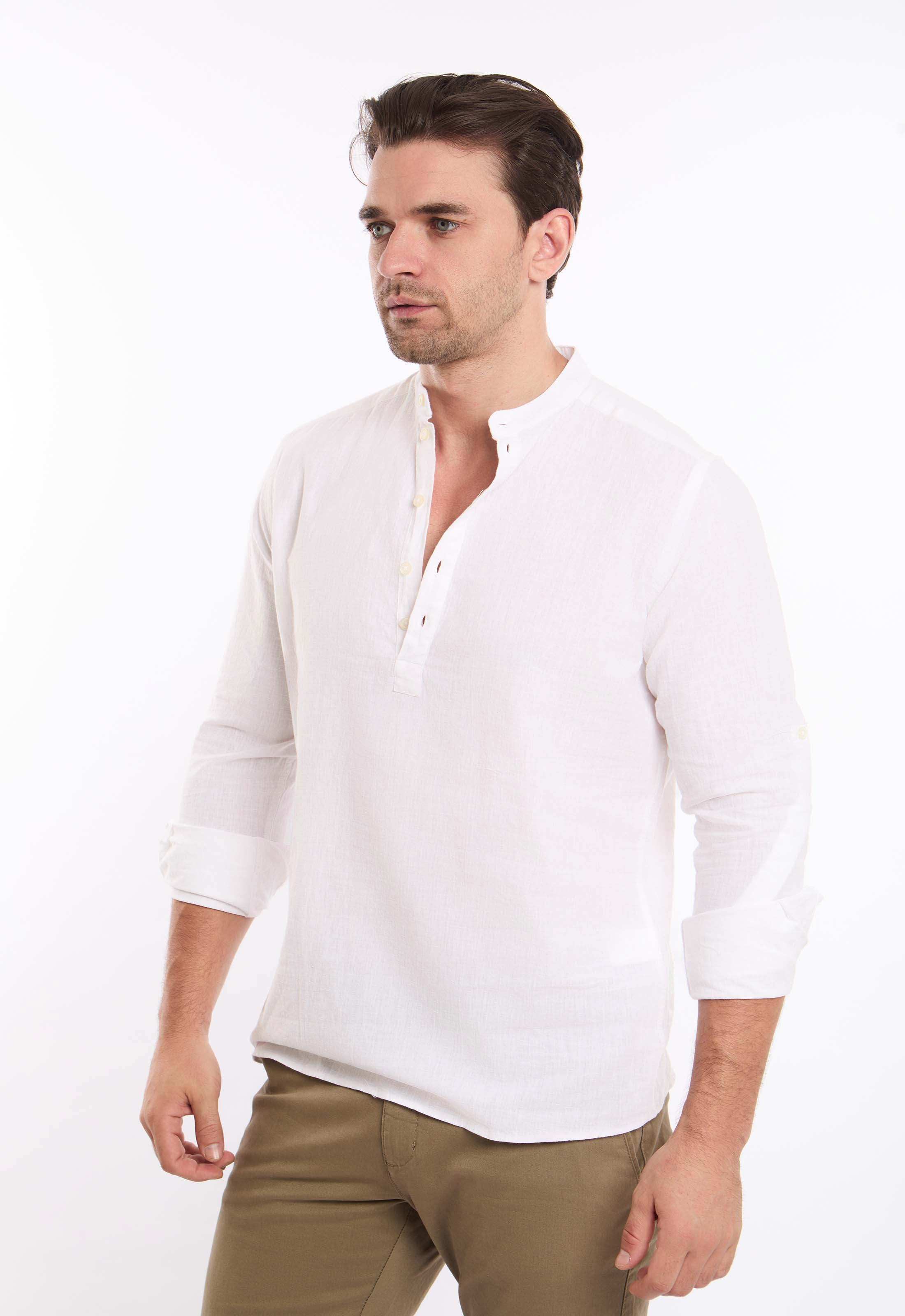 Half Buttons Mandarin Collar Cotton Shirt - Image 2