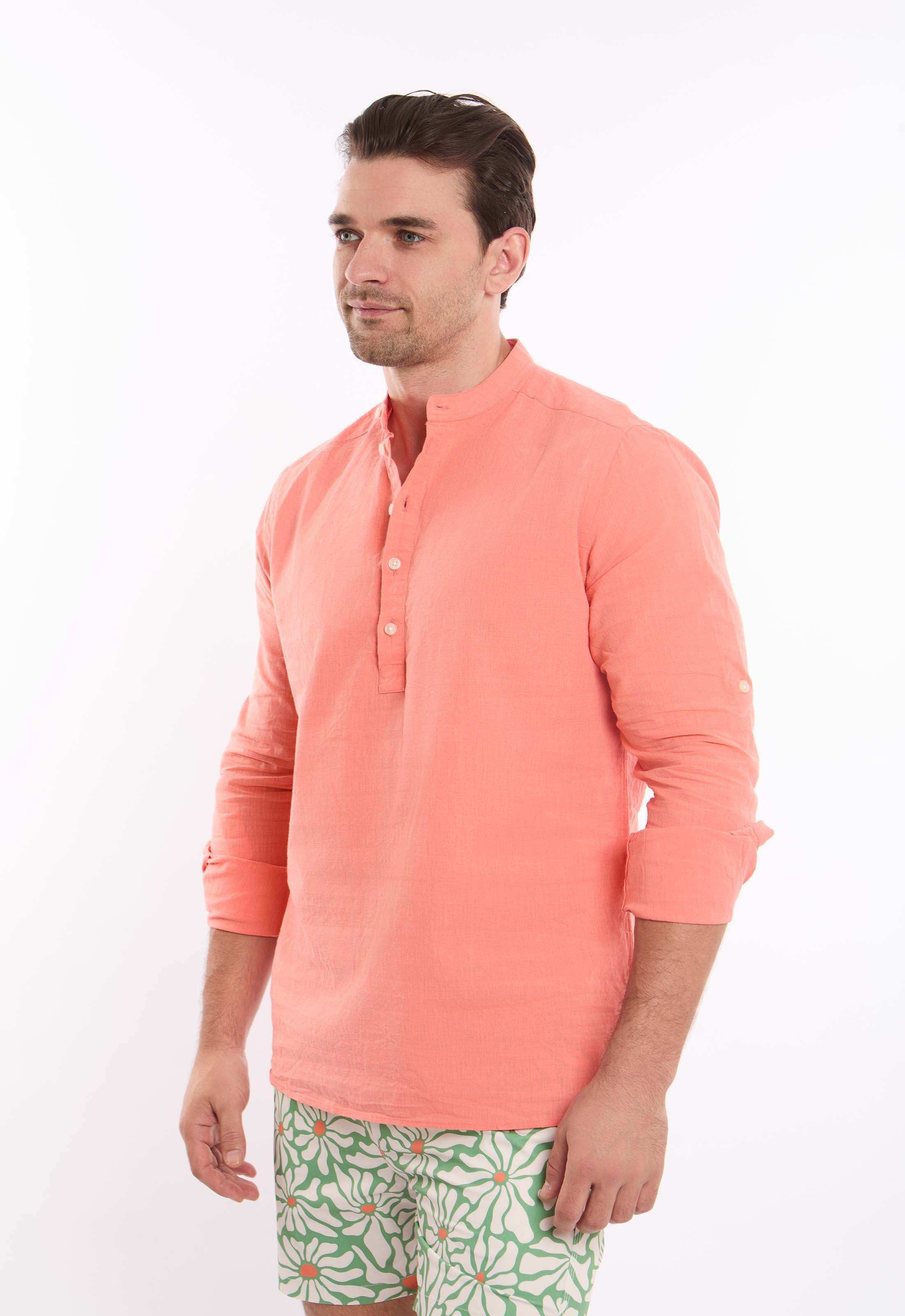 Half Buttons Mandarin Collar Cotton Shirt - Image 2