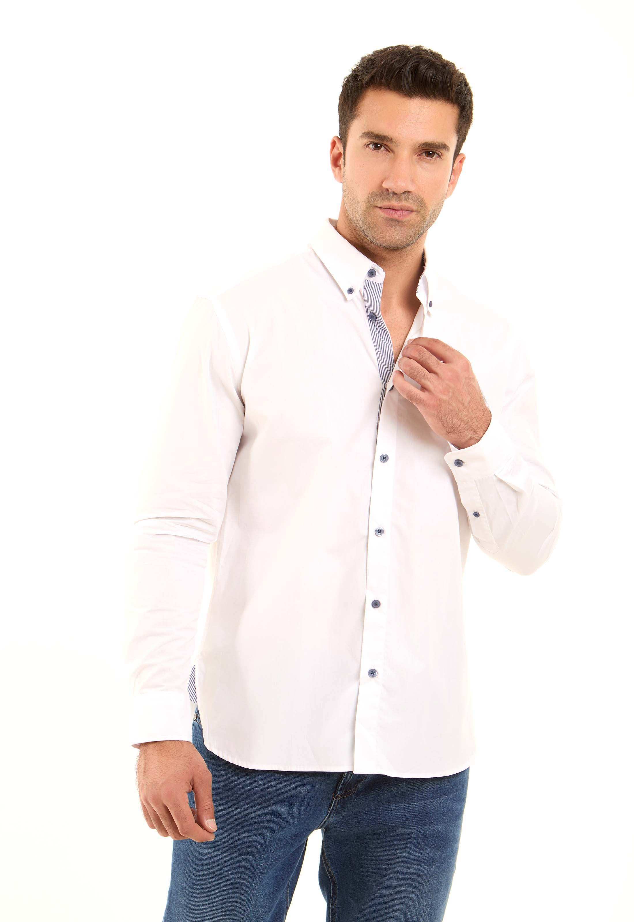 Solid Classic Shirt with Striped Neckline - Image 3