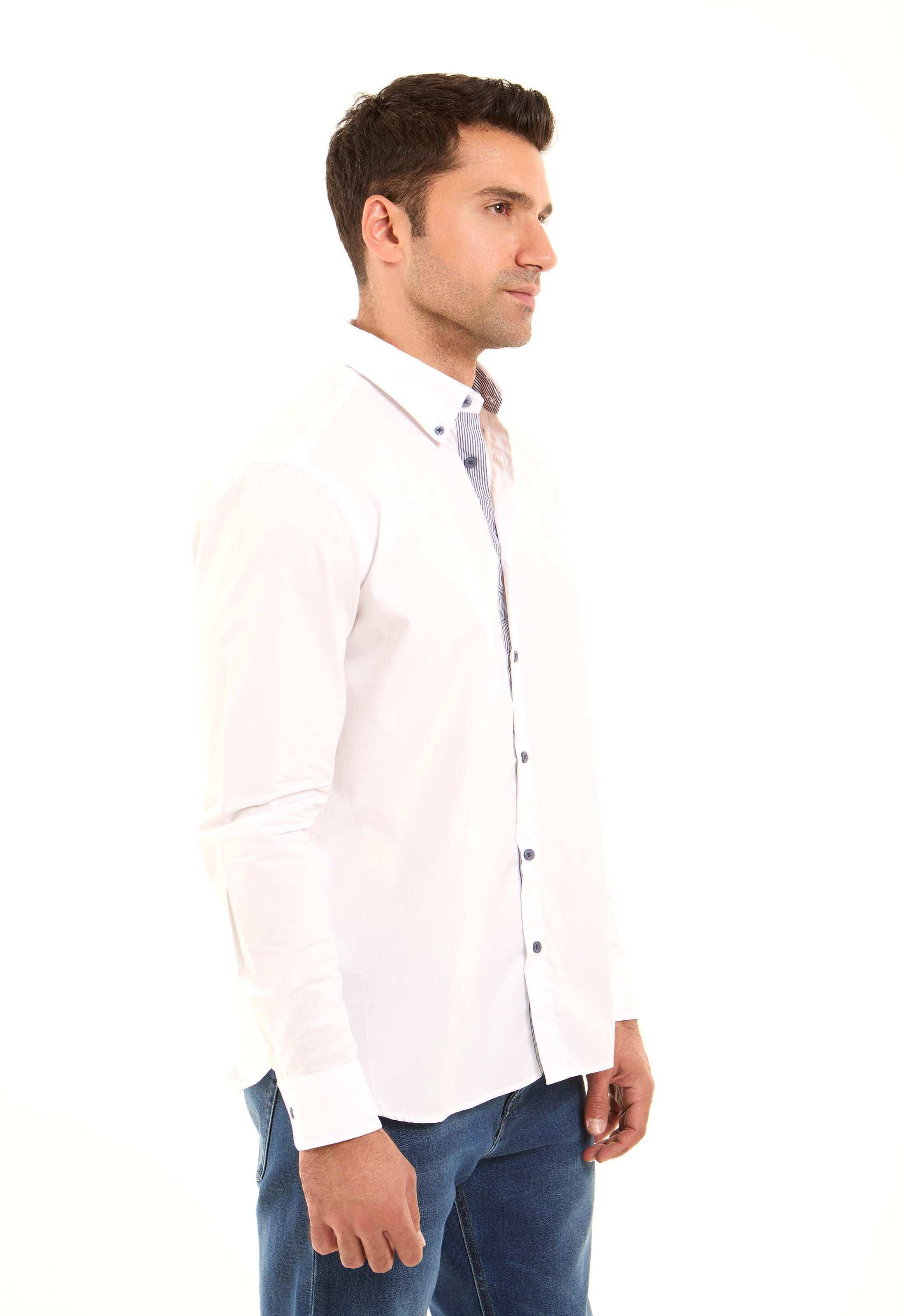 Solid Classic Shirt with Striped Neckline - Image 4