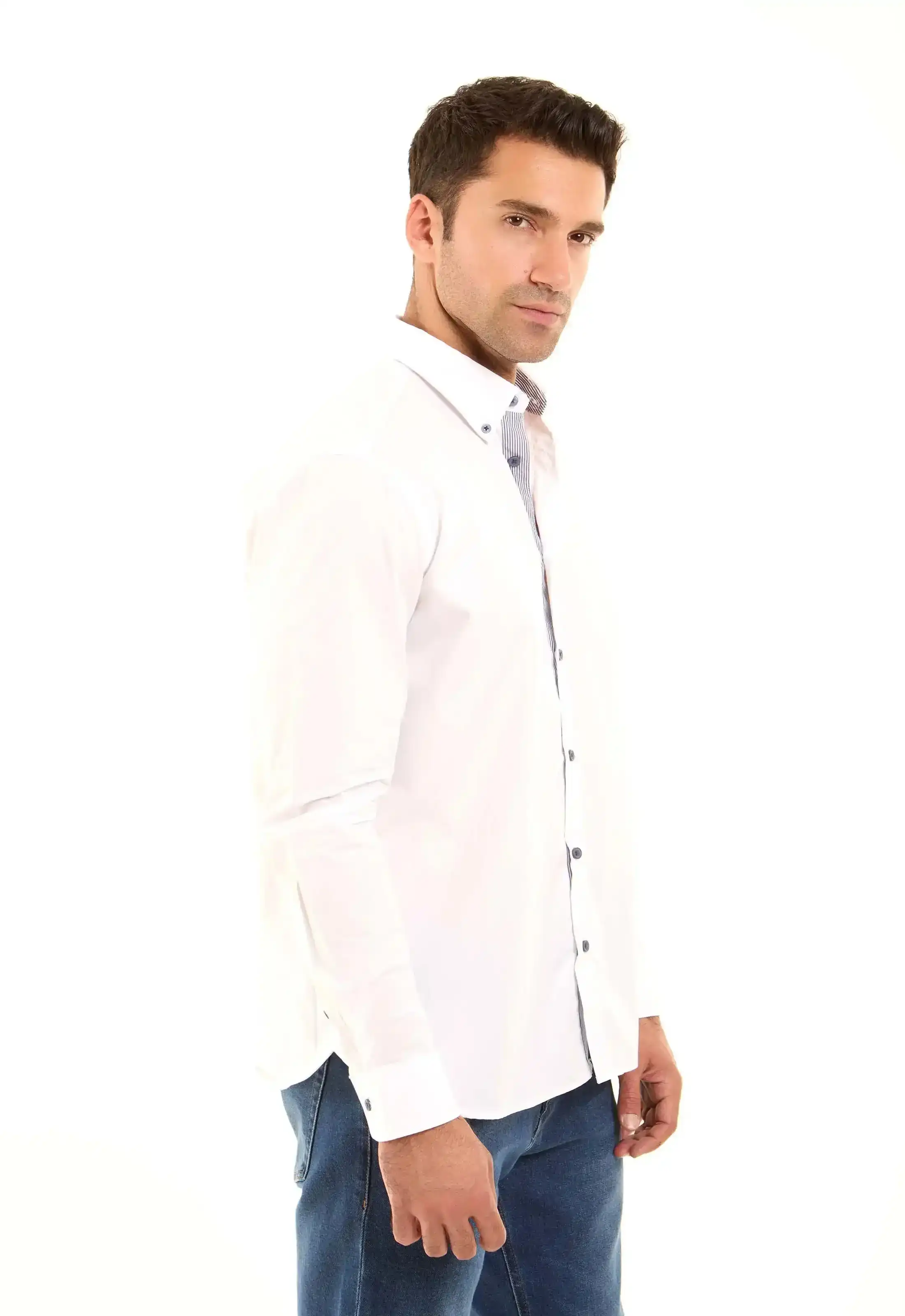 Solid Classic Shirt with Striped Neckline - Image 5