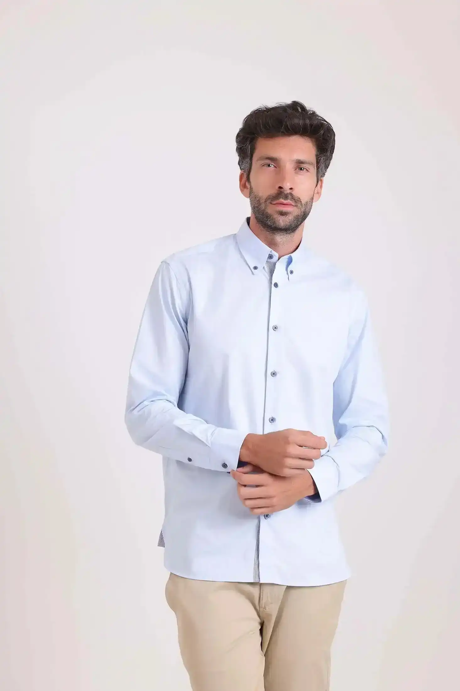 Solid Classic Shirt with Striped Neckline