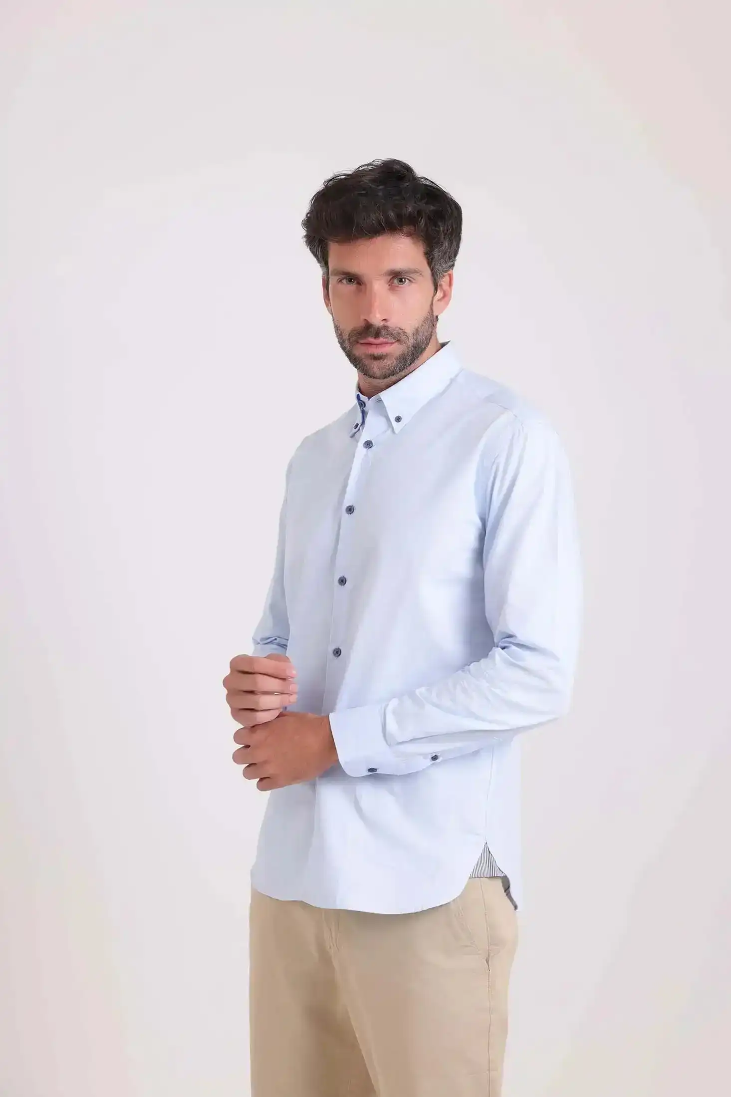 Solid Classic Shirt with Striped Neckline - Image 3