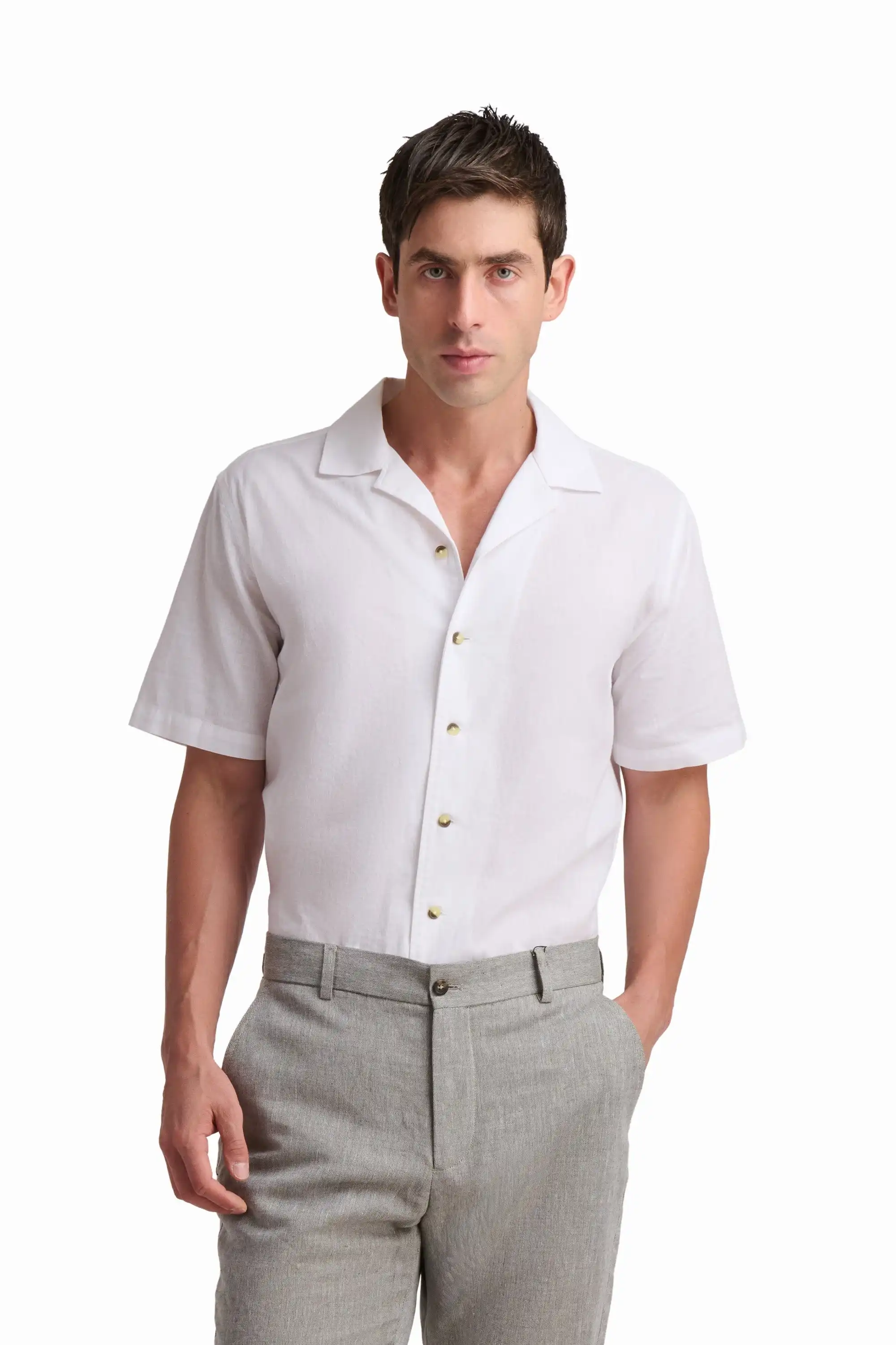 White Linen-Cotton Short-Sleeve Shirt - Image 3