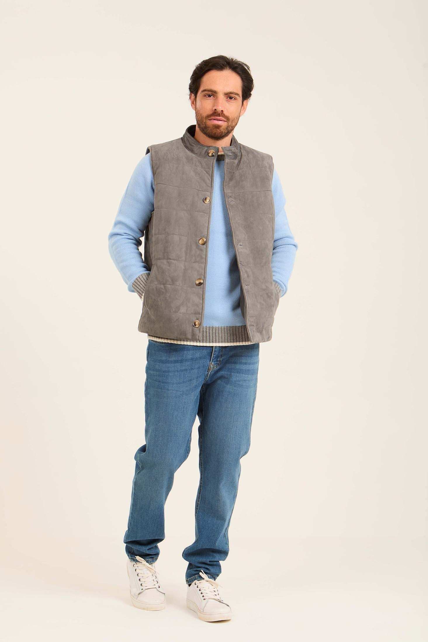 Men Suede Genuine Leather Vest Grey - Image 4