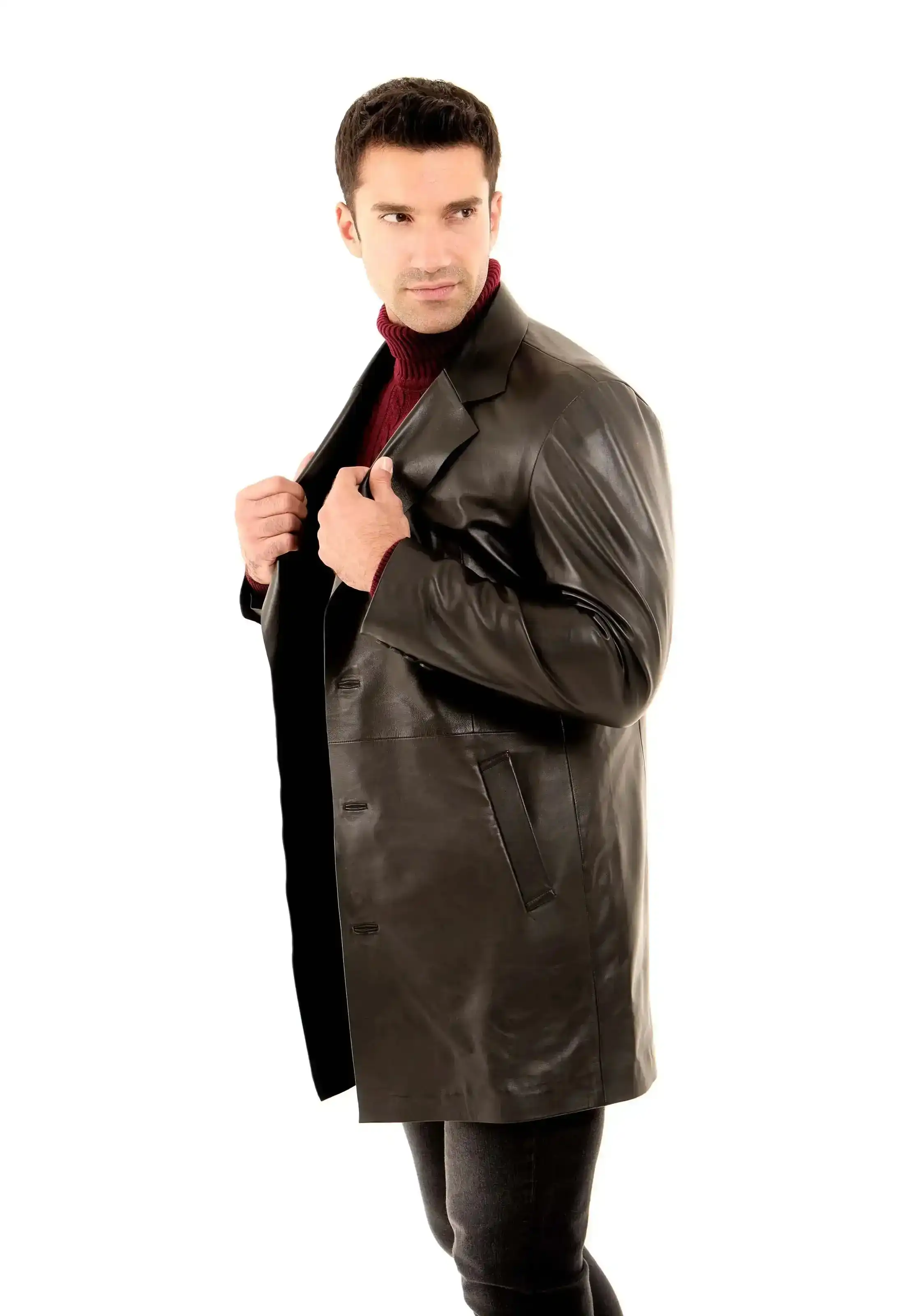 Leather Long Coat with Classic Tailoring - Image 4