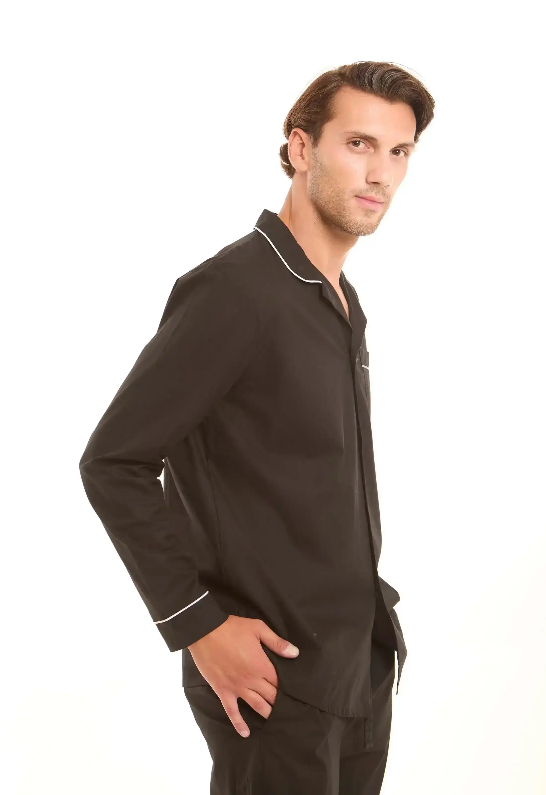 Solid Classic Pajama Set with Pockets - Image 3