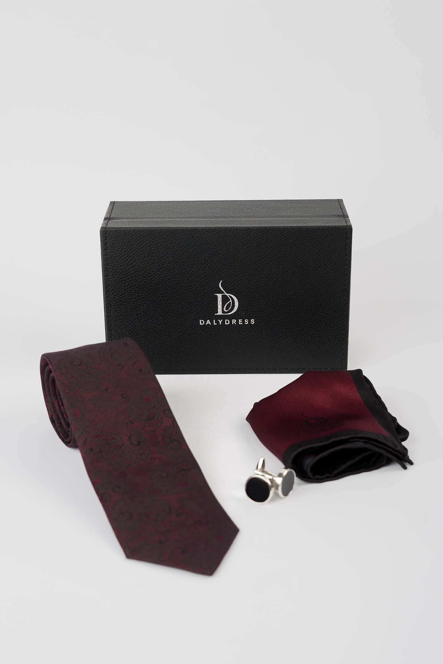Paisley Silk Tie, Circular Cufflink & Solid Hanky Set - Image 2