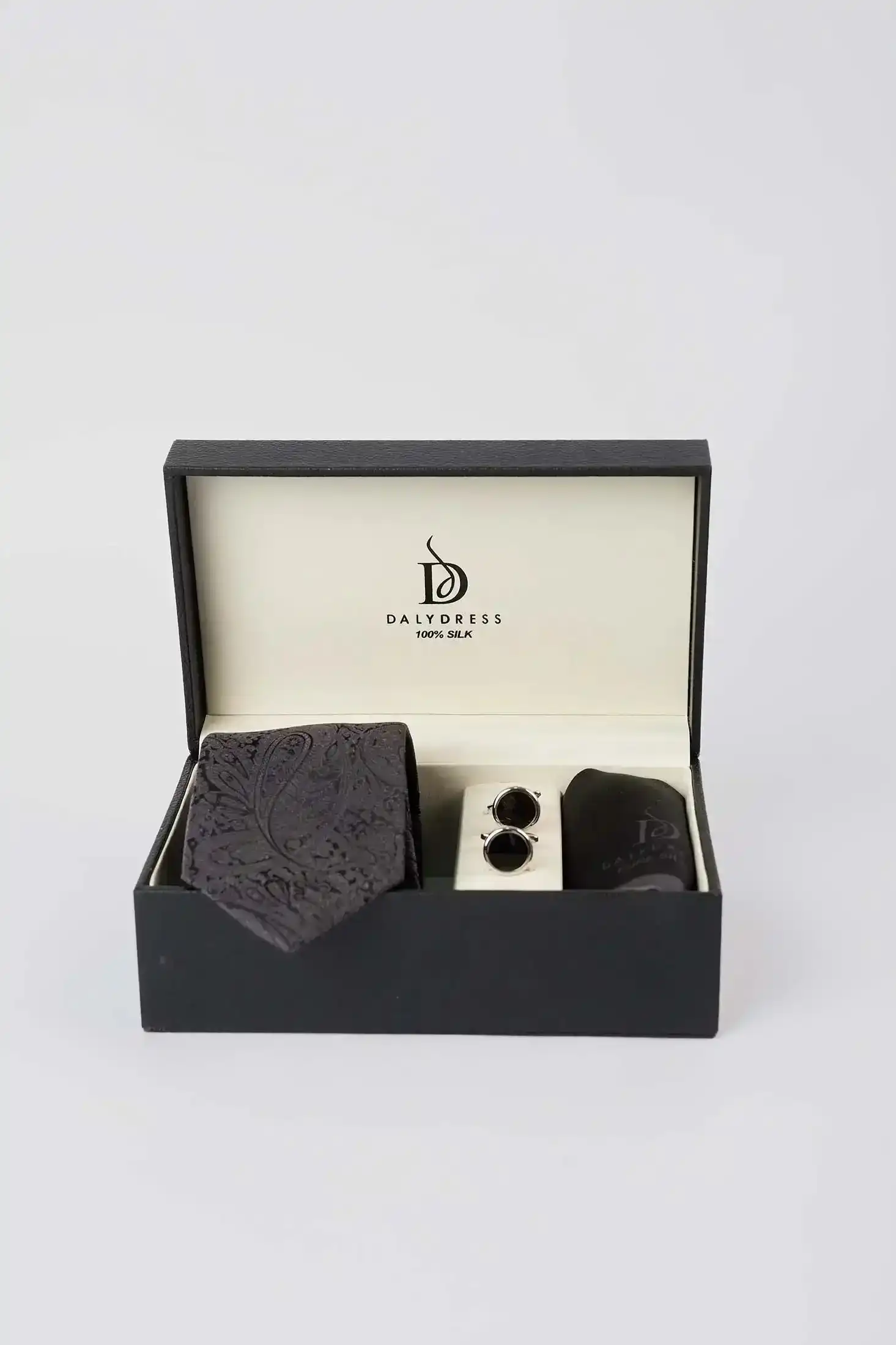 Formal Paisley Silk Tie, Circular Cufflink & Solid Hanky Set - Image 3