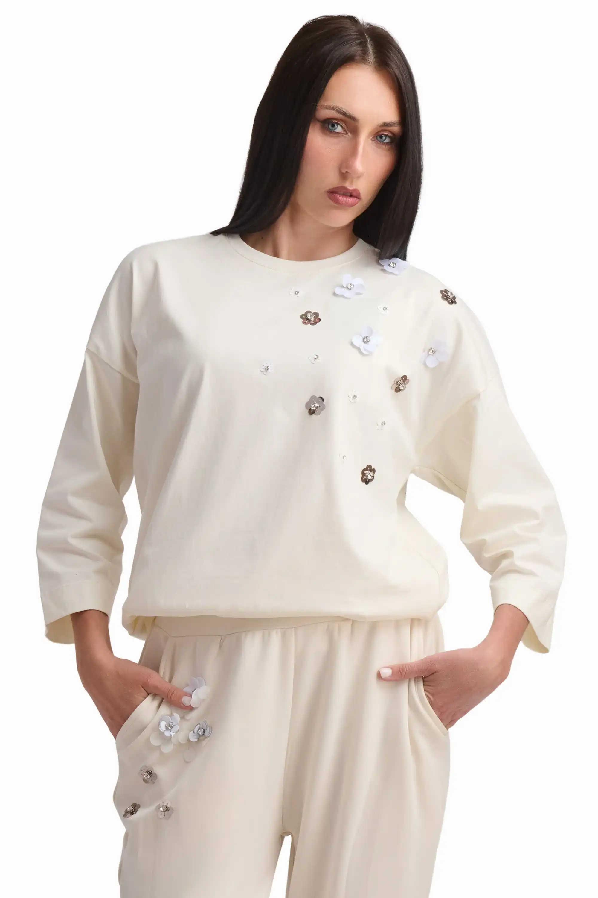 Cream Embellished Cotton Top - Image 2