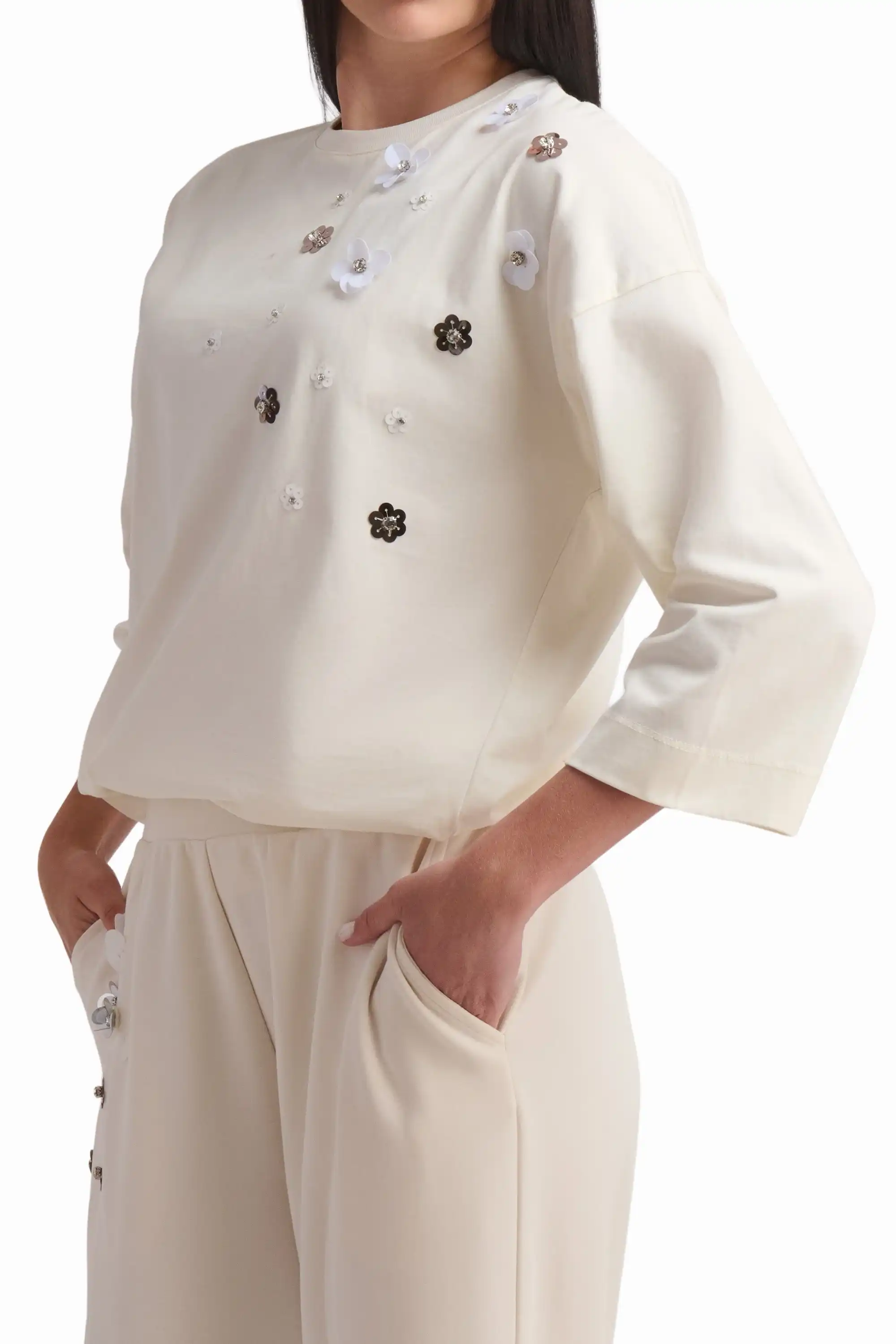 Cream Embellished Cotton Top - Image 3