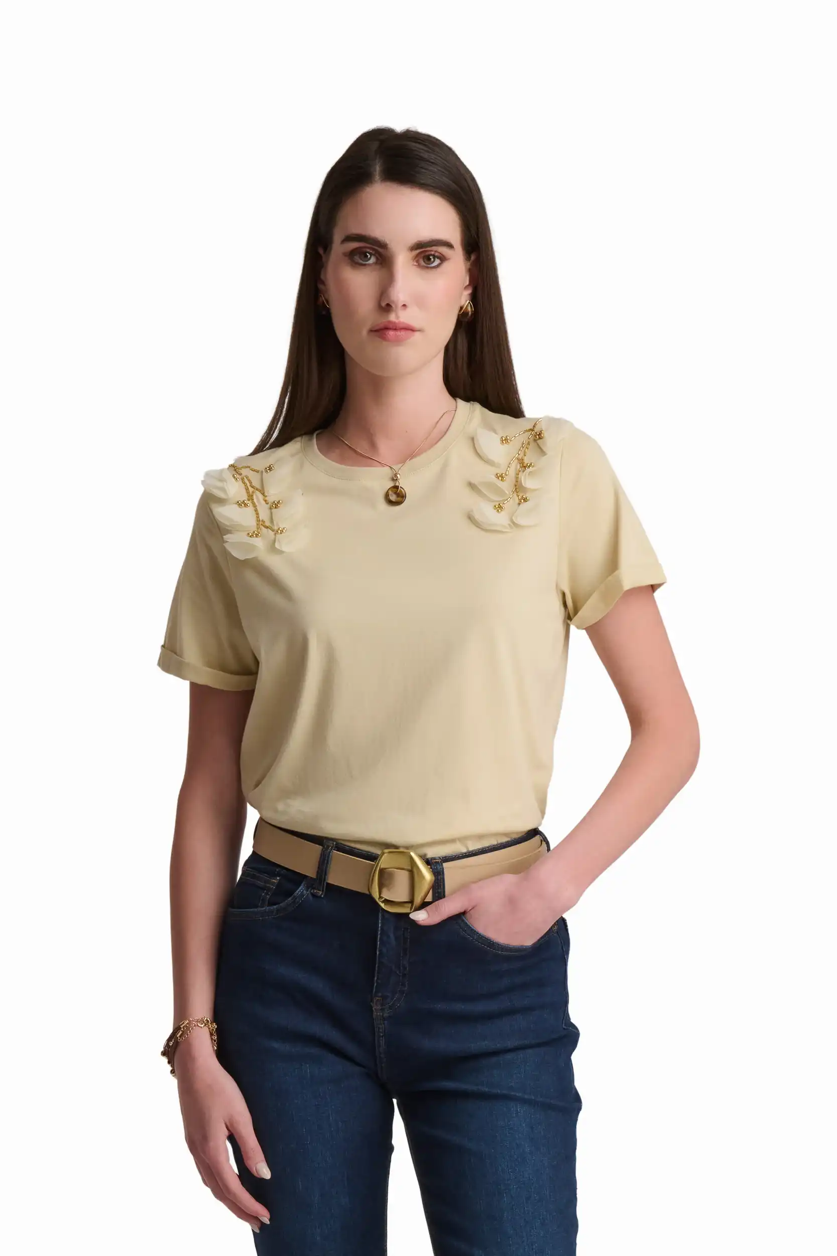 Cream T-Shirt with Shoulder Appliqu̩ - Image 2