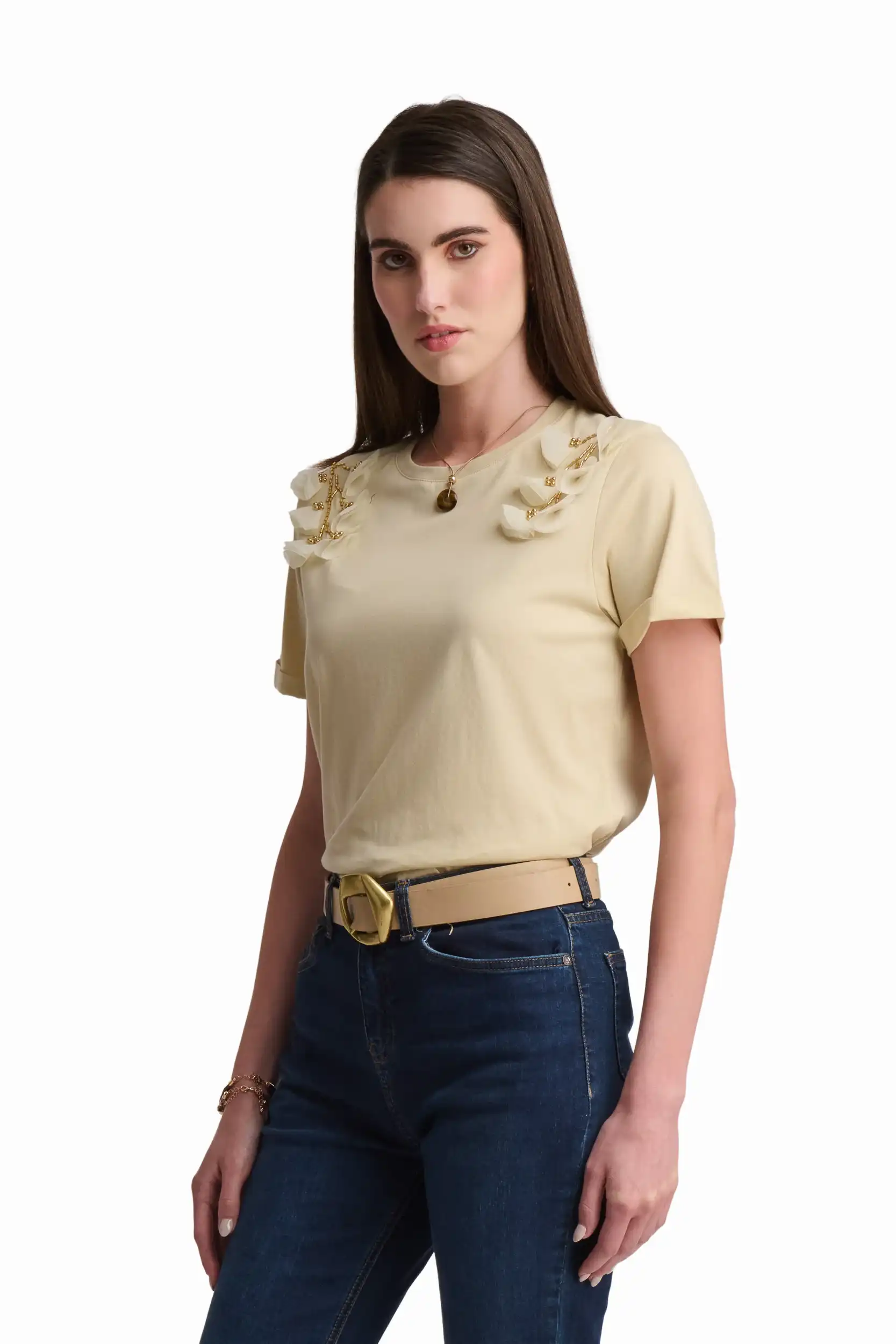 Cream T-Shirt with Shoulder Appliqu̩ - Image 4