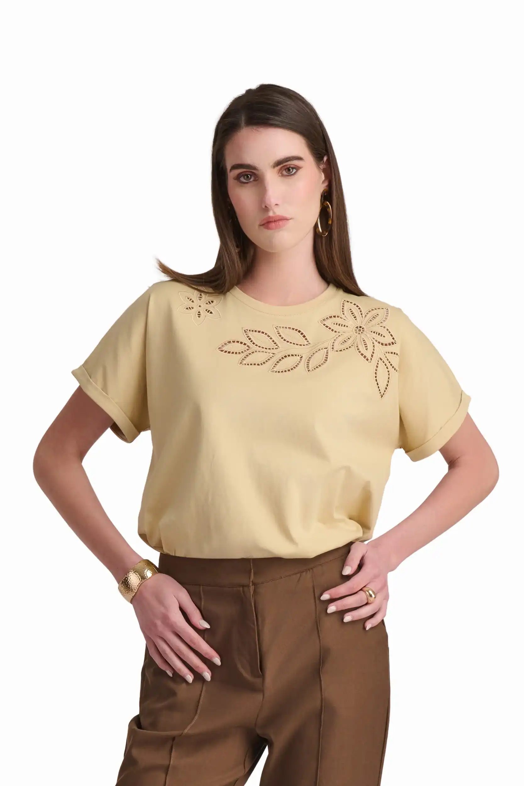 Mocha T-Shirt with Cutwork Detail - Image 2