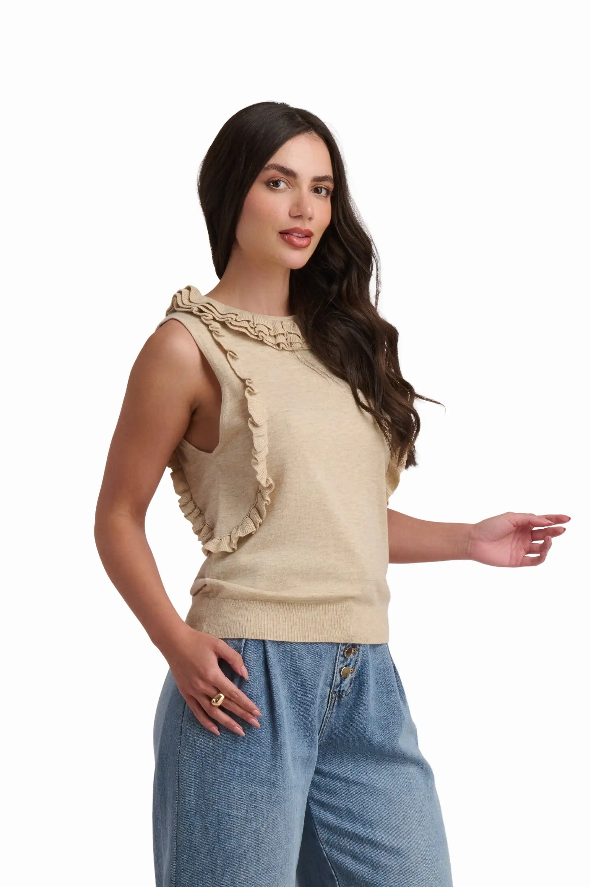 Beige Knit Top with Ruffle Detail - Image 2