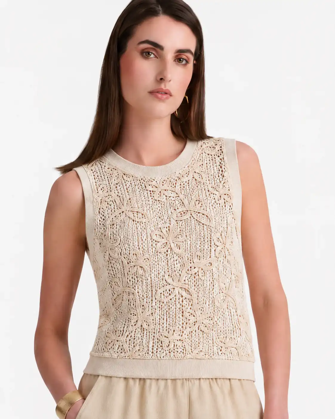 Beige Sheer Crochet Top - Image 2