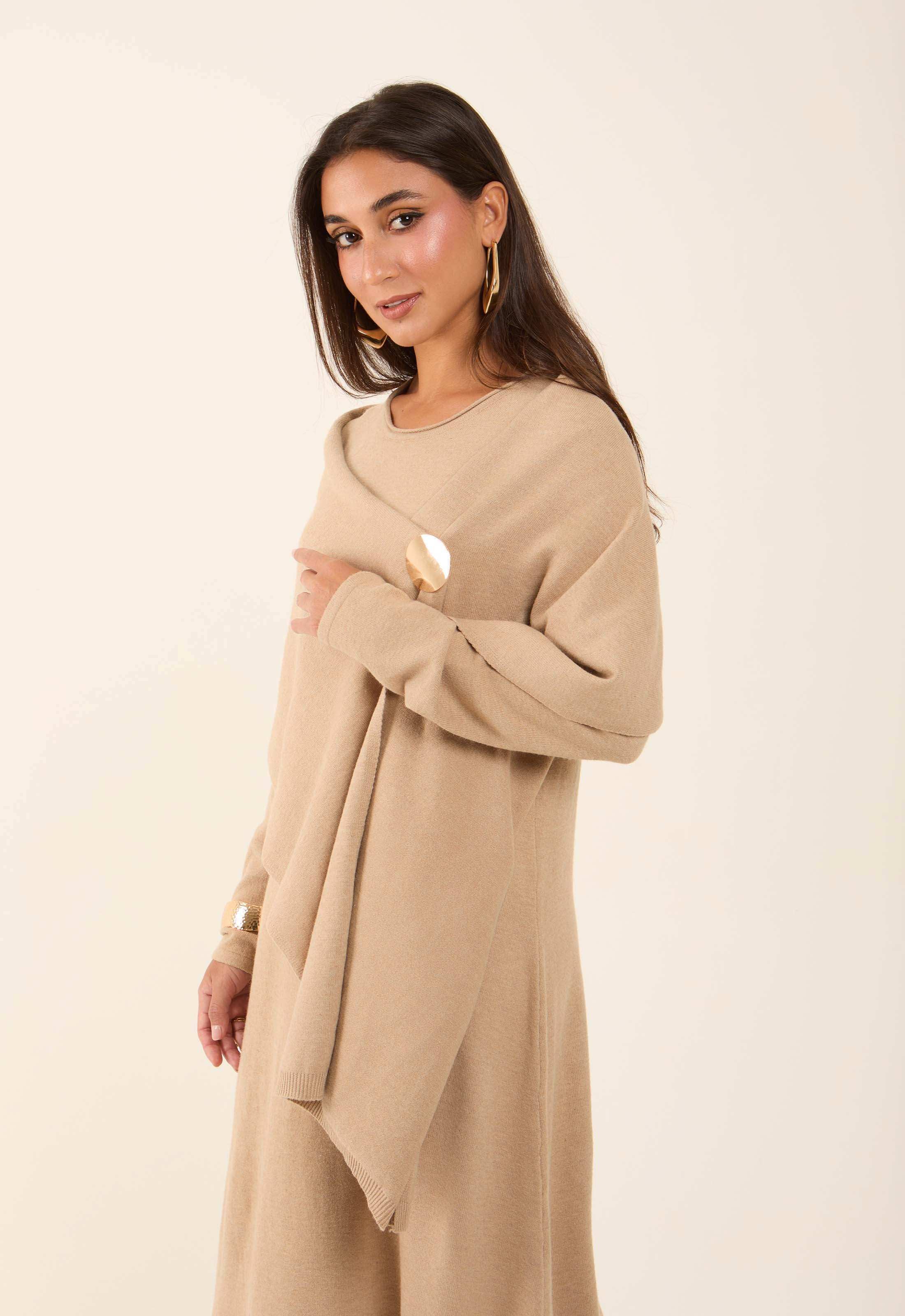 Neutral Flow Dress with Decorative Drape Shawl - Image 4