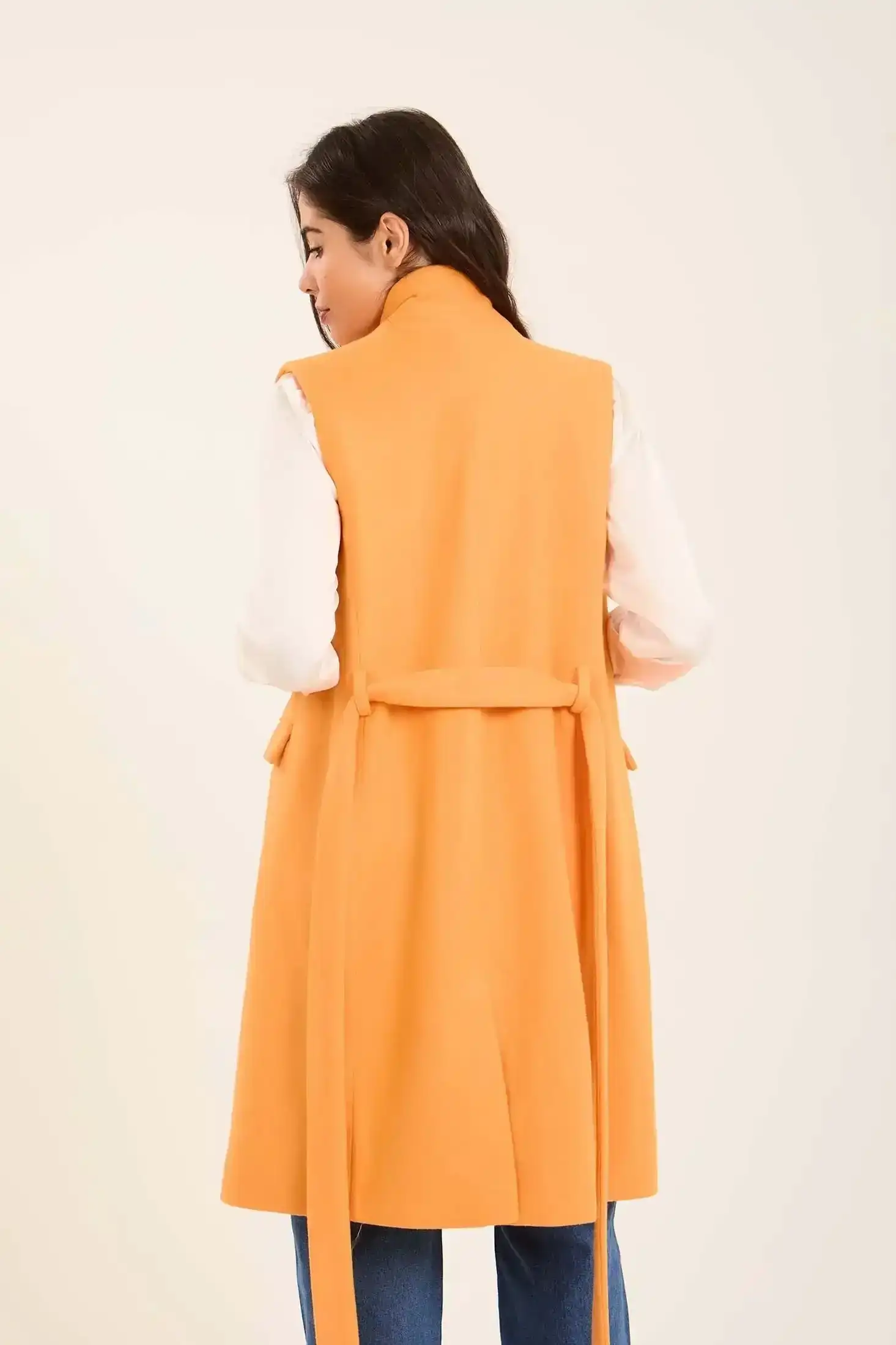 Women Long Double Breasted Vest Orange - Image 3