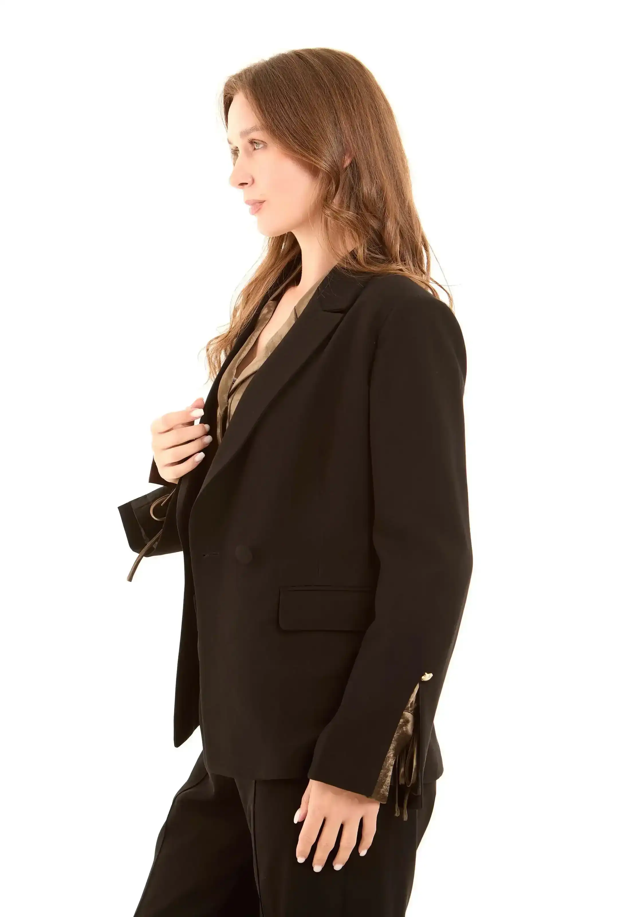 Tailored Polyester Blazer with Sleeve Tie Detail - Image 3