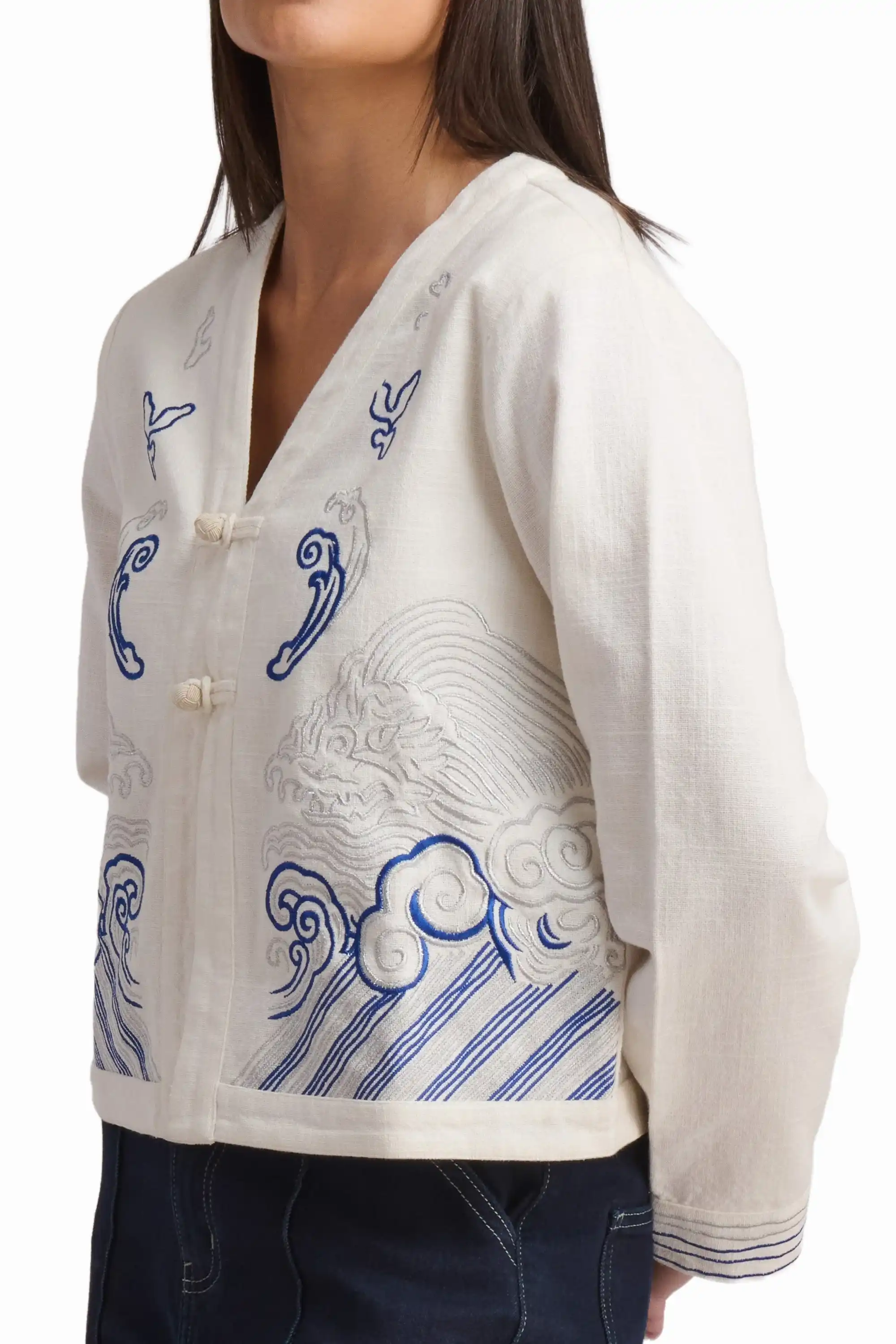Ocean Whisper Embroidered Cotton Jacket - Image 3