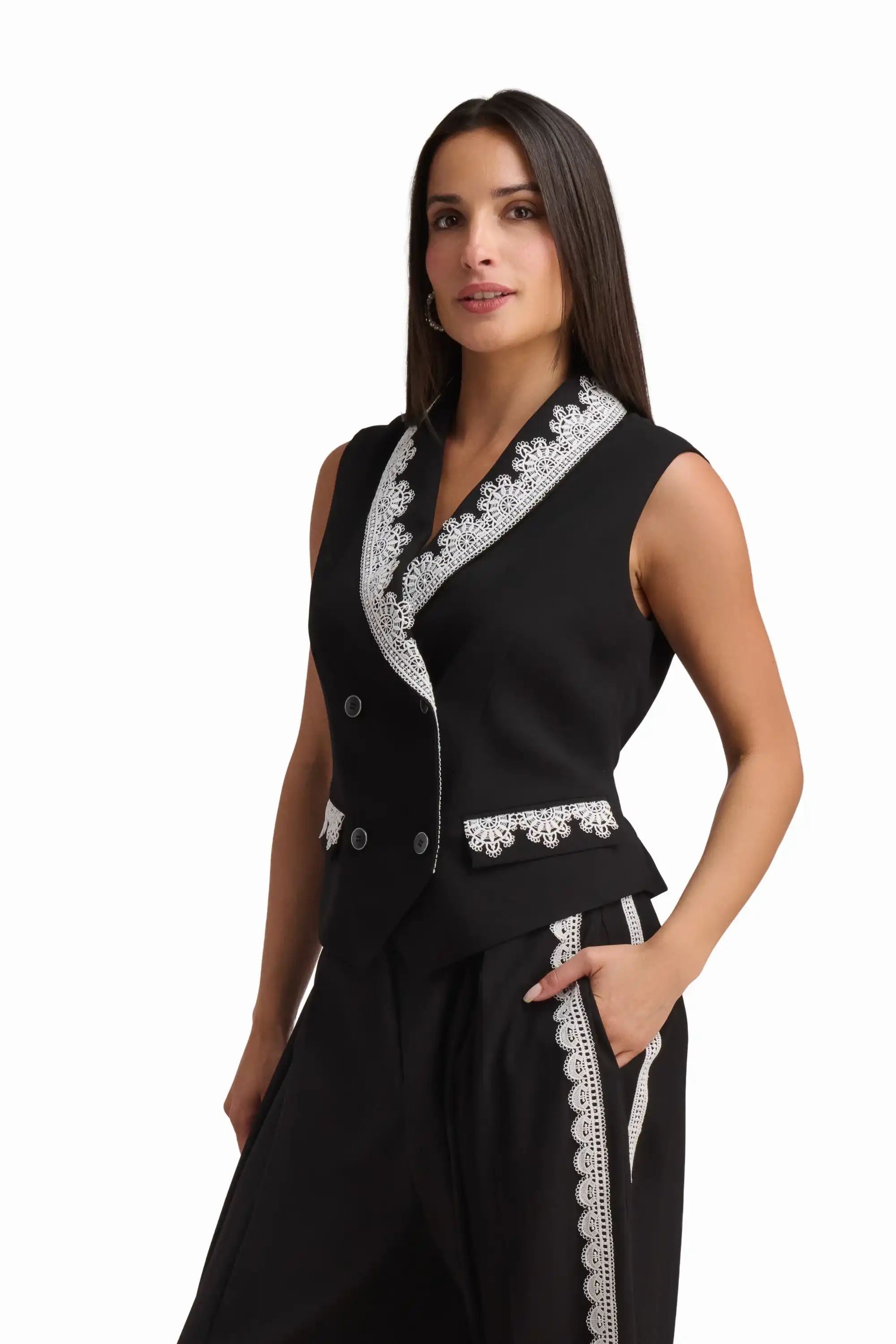 Tailored Vest with Contrast Embellished Collar - Image 3