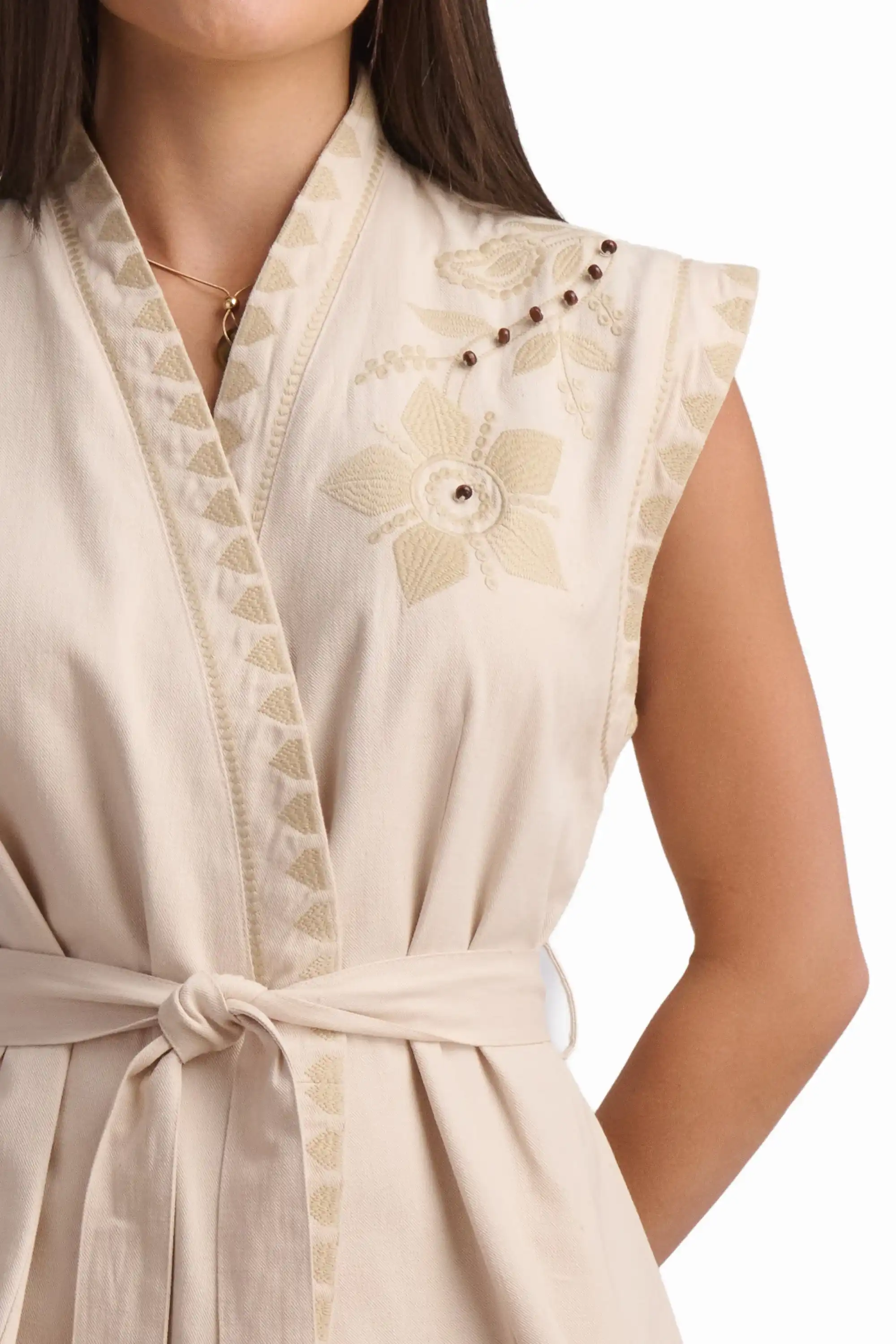 Beige Embroidered Sleeveless Vest - Image 3