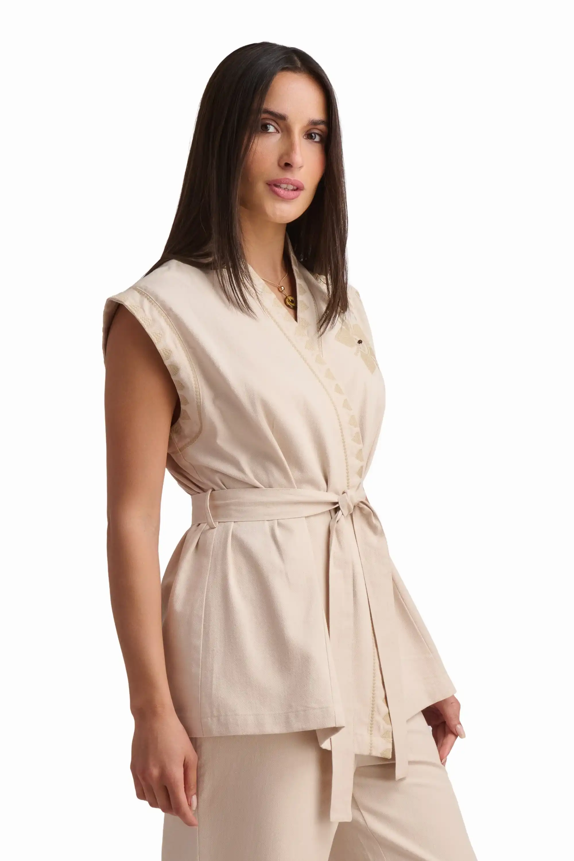Beige Embroidered Sleeveless Vest - Image 4
