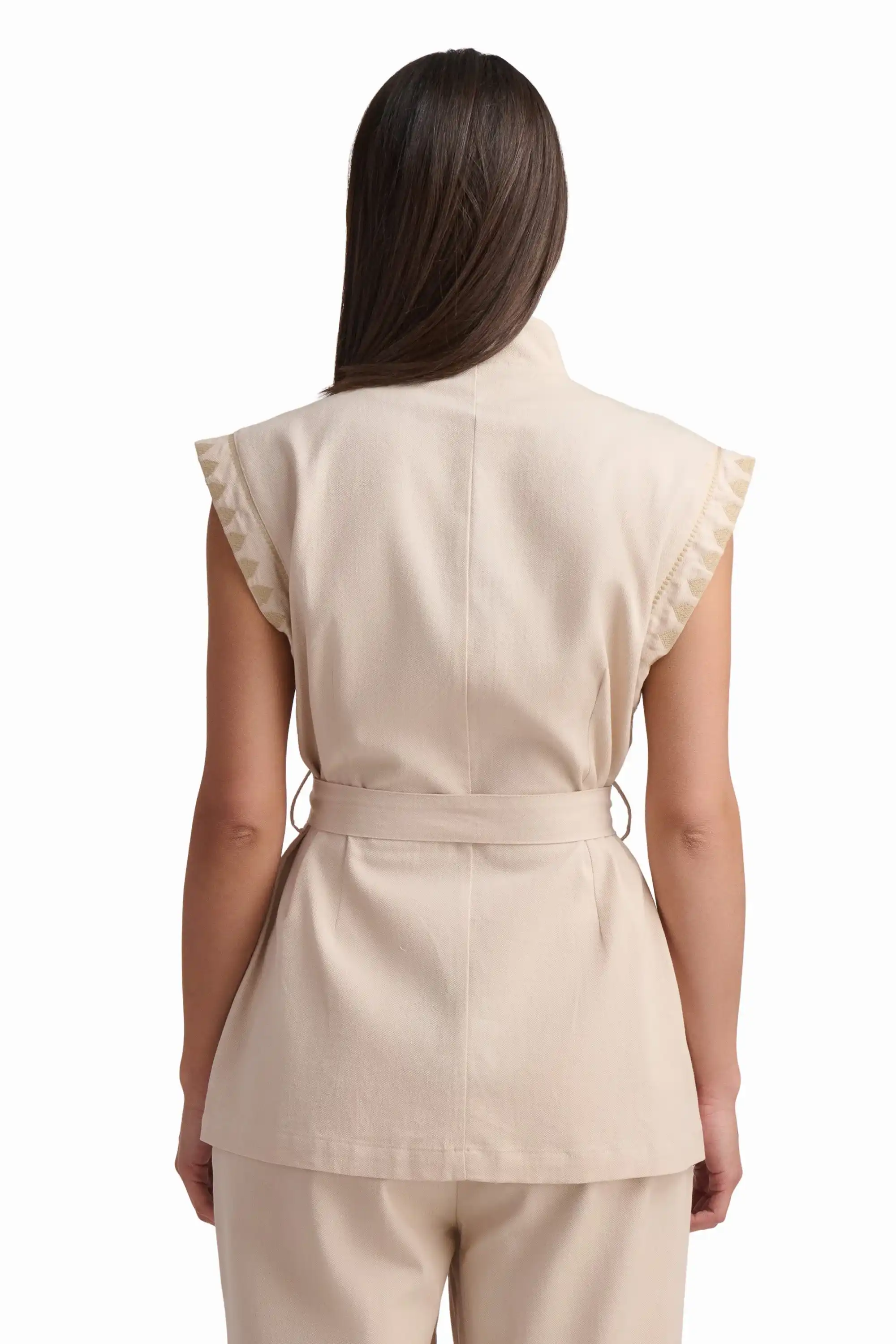 Beige Embroidered Sleeveless Vest - Image 5