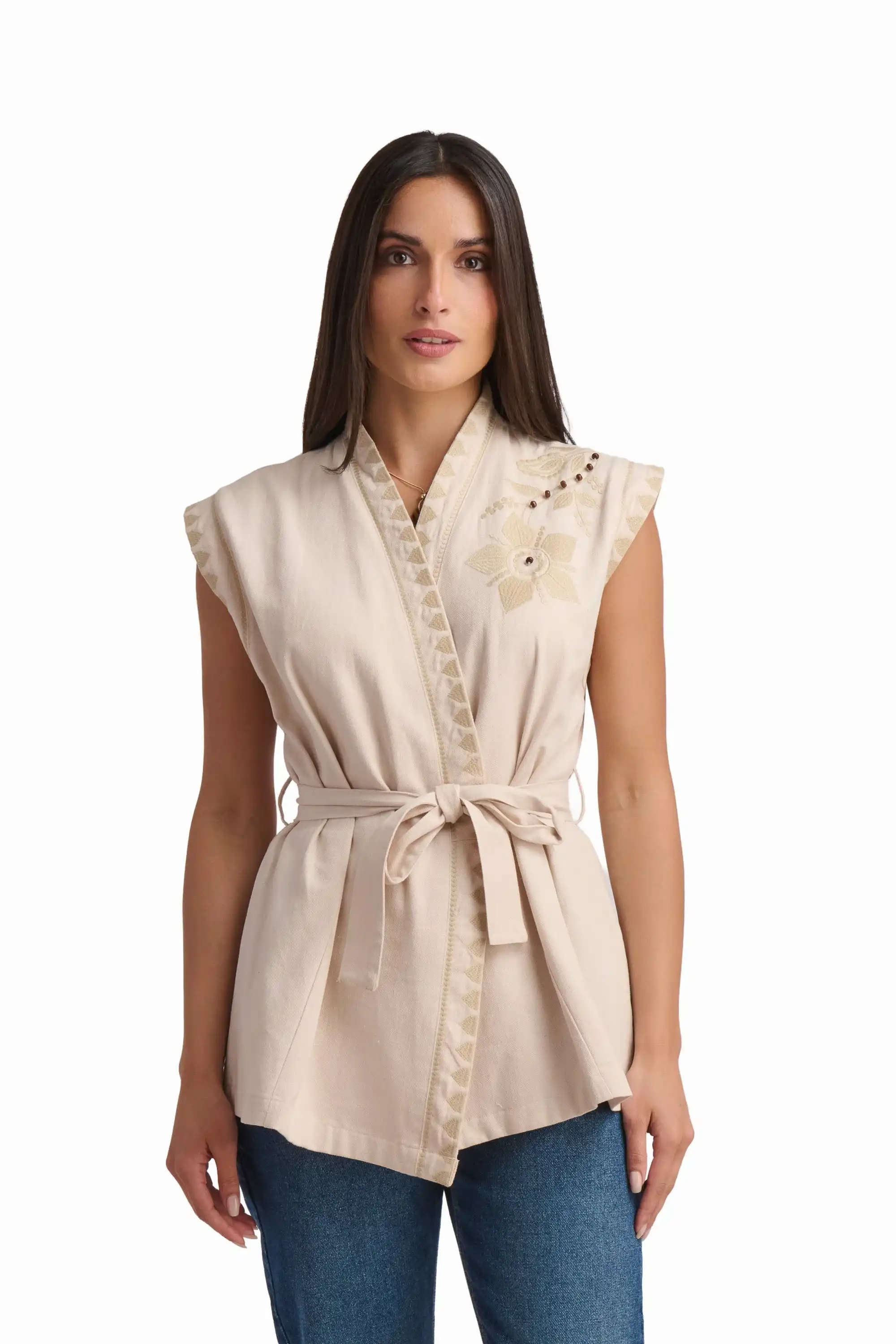 Beige Embroidered Sleeveless Vest - Image 7