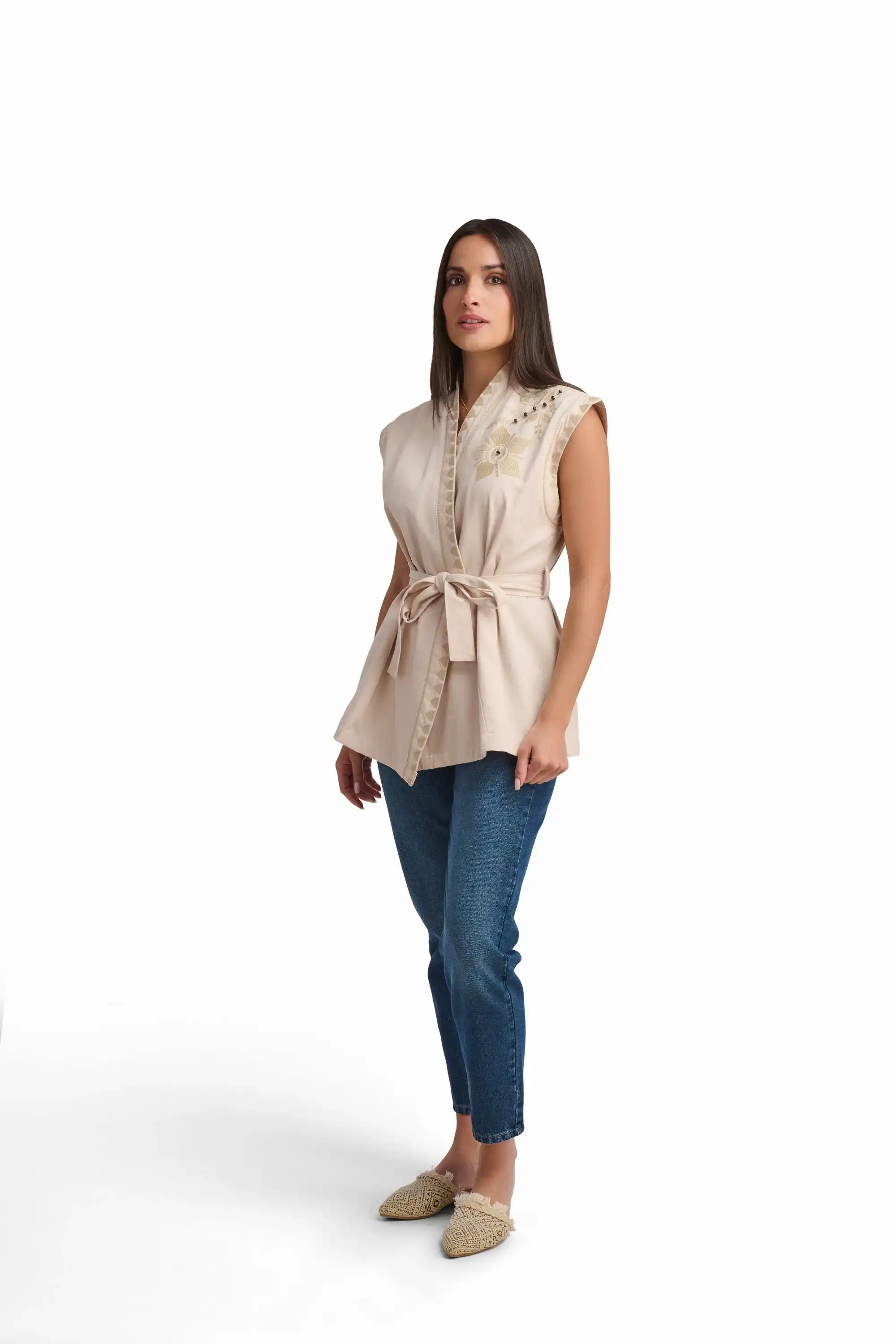 Beige Embroidered Sleeveless Vest - Image 8